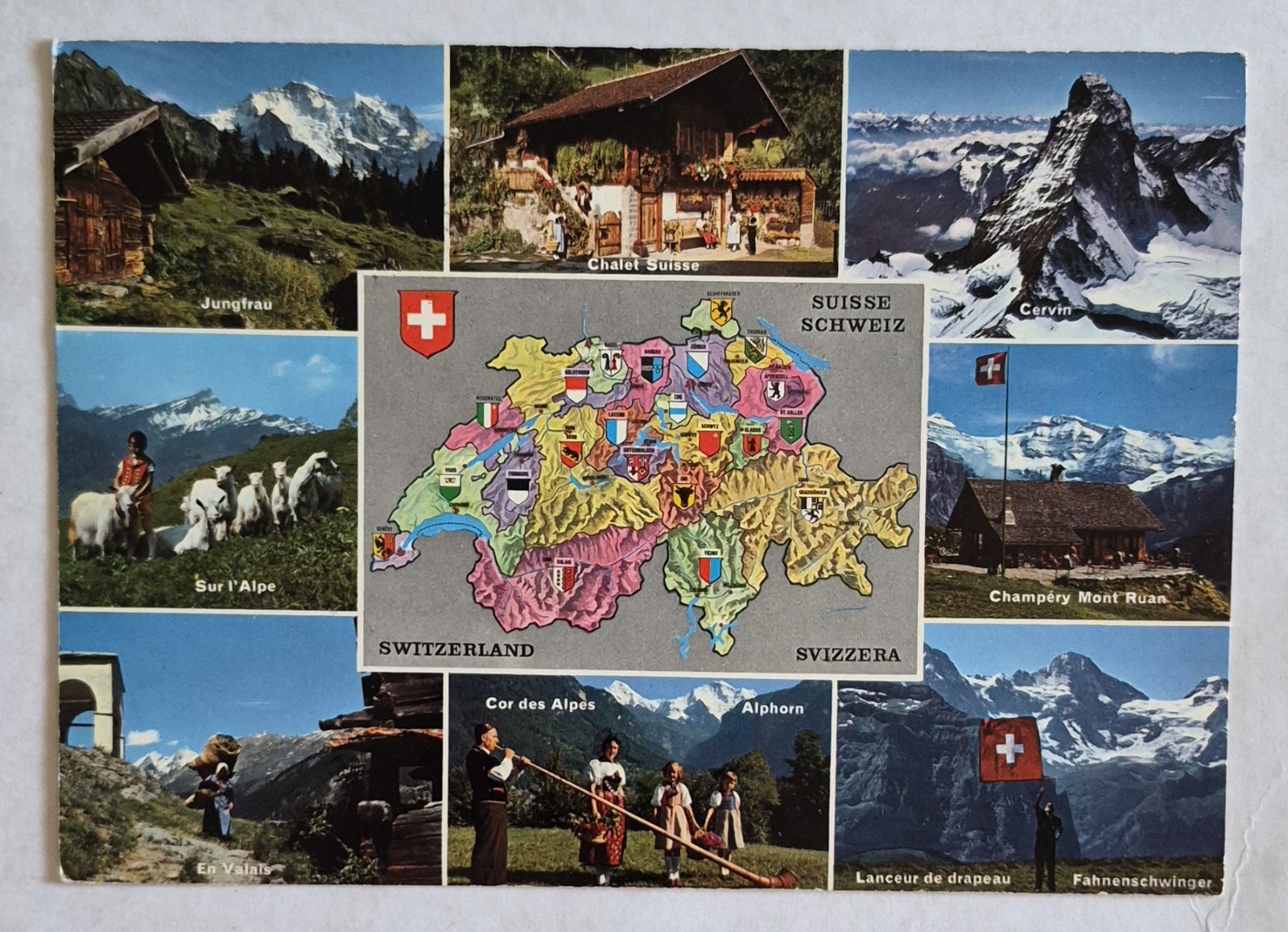 Postcard….Multiple Scenes & Views of Switzerland & Map, Postmarked 1968, 4×6