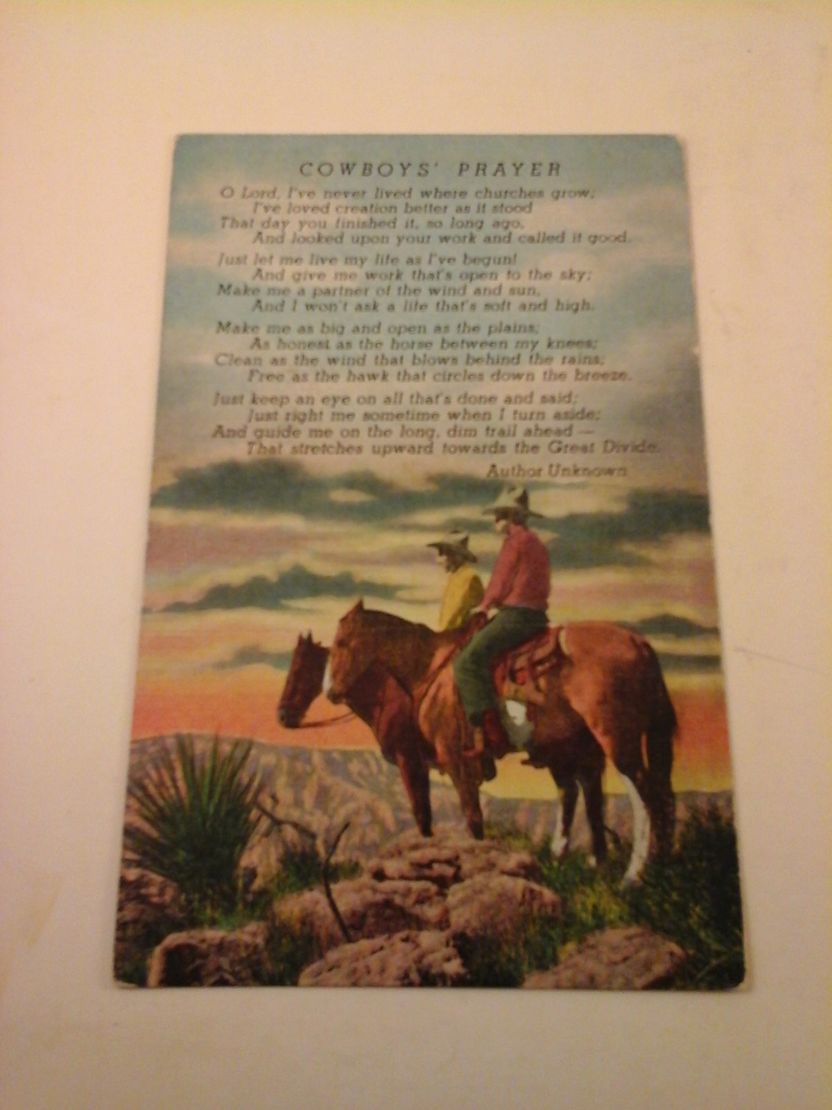 Vtg 1930-1945 E.C. KROPP Linen Postcard “COWBOYS PRAYER” POEM by Unknown (1945)