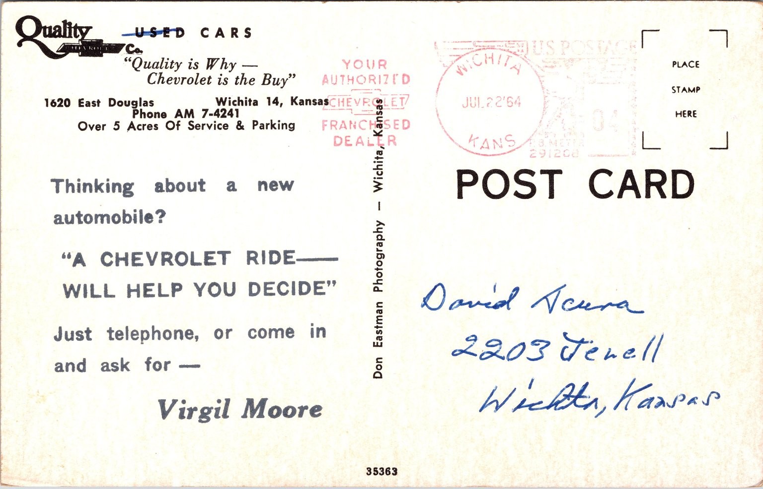 Wichita KS Kansas Quality Chevrolet Used Cars Postcard 1960s Classic Cars