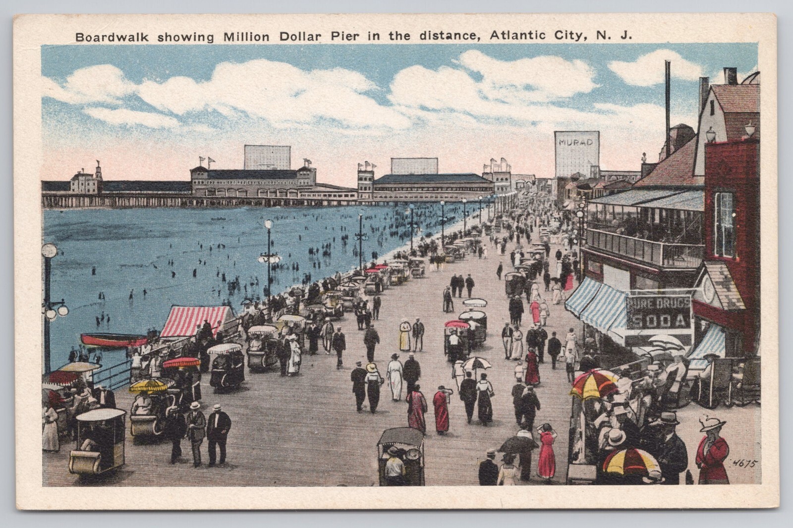Boardwalk & Million Dollar Pier Atlantic City New Jersey Postcard Rolling Chairs
