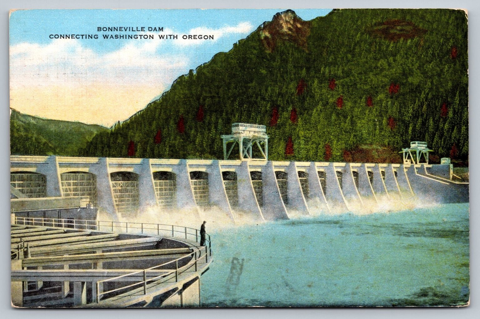 Vintage Bonneville Dam Postcard Connecting Washington & Oregon 1954