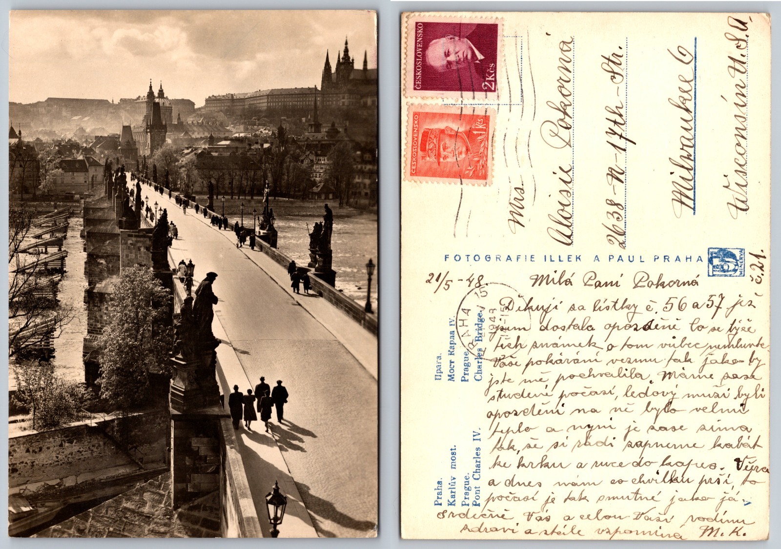 Continental Charles Bridge Prague Czechoslovakia Postcard