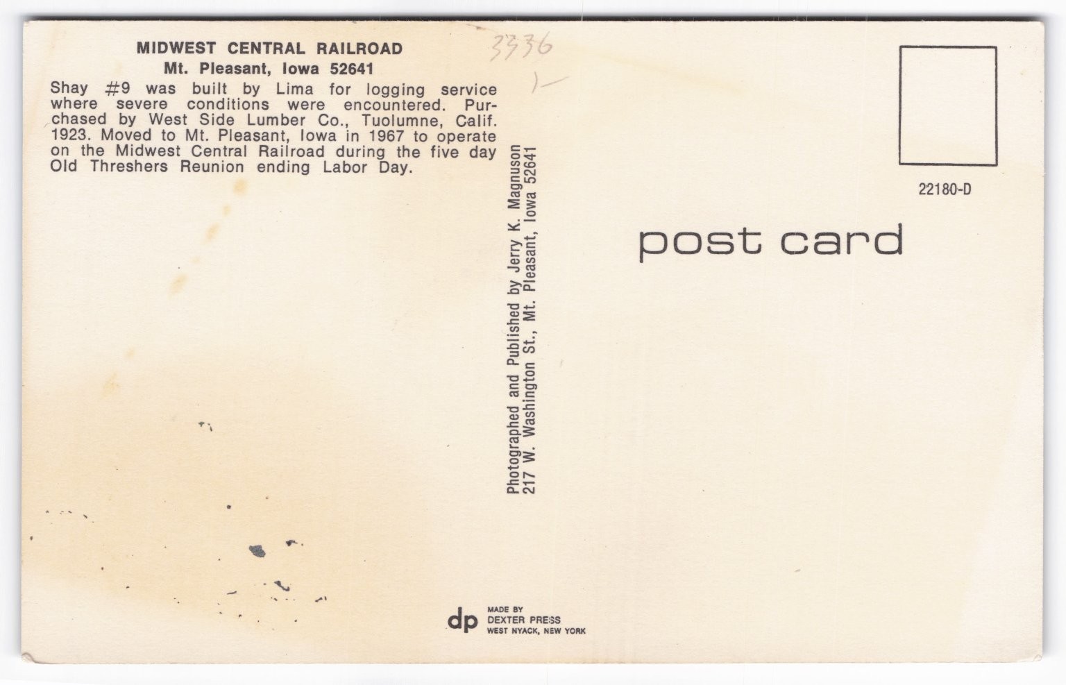 Midwest Central Railroad Shay Steam Locomotive #9 Mt. Pleasant Iowa Postcard