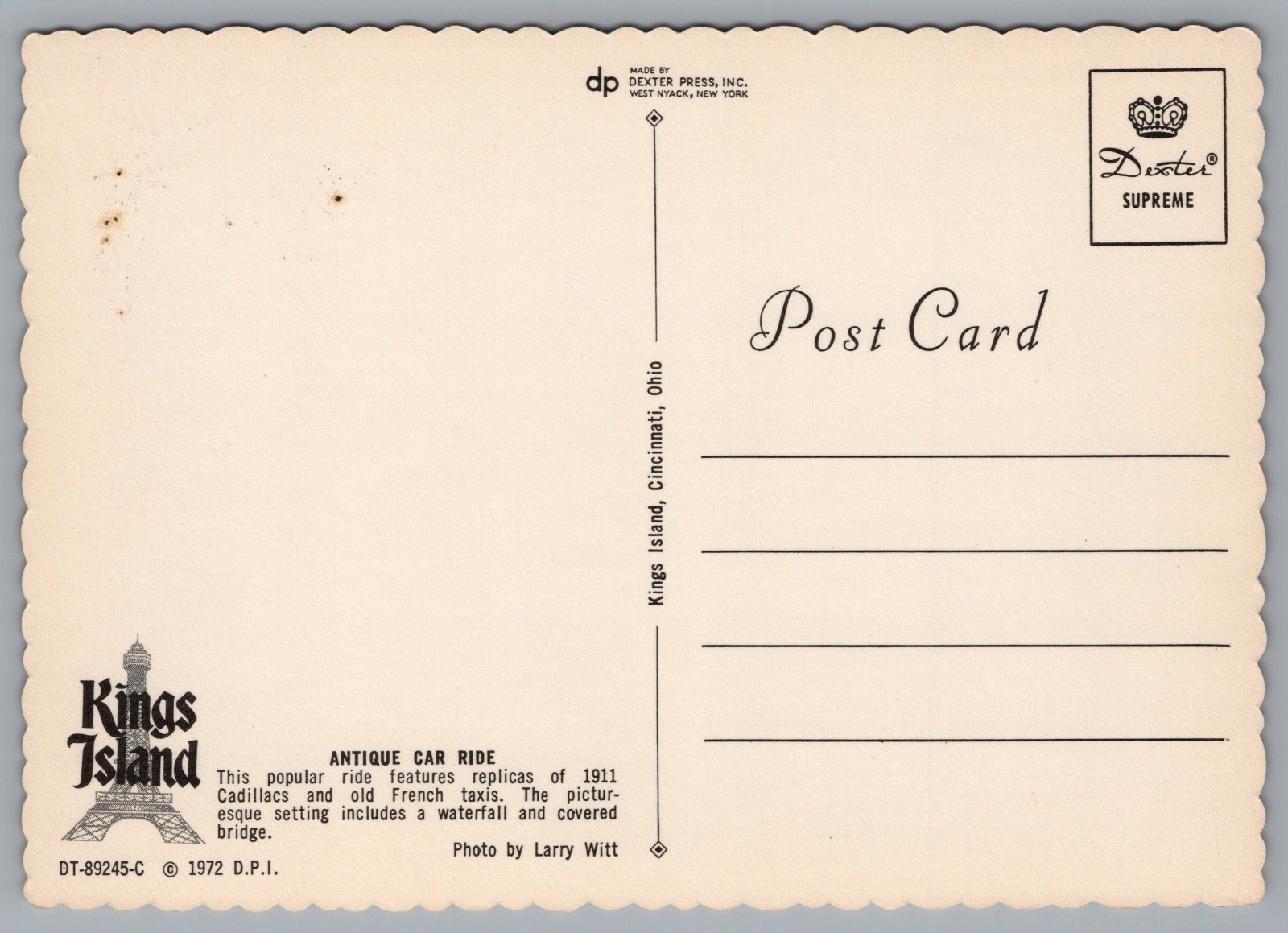Antique Car Ride Kings Island Amusement Park Cincinnati Ohio 4×6 Postcard