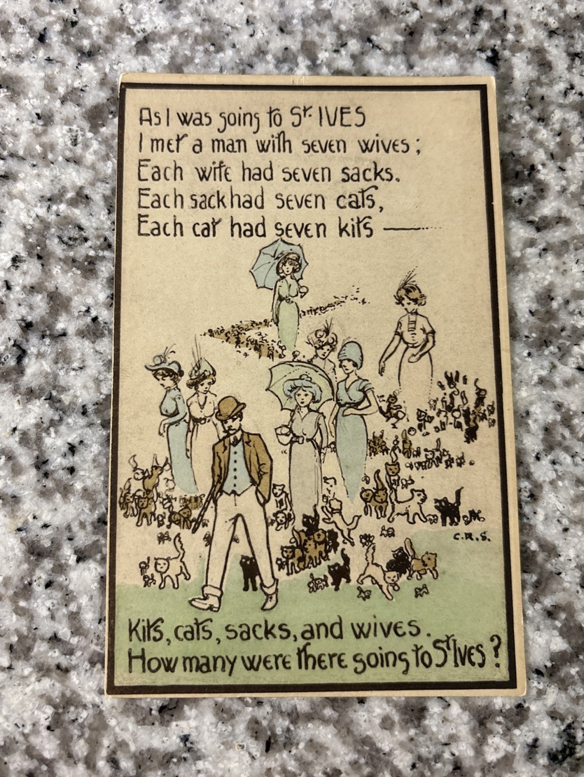 Cornwall Seven Wives Cats In St Ives Antique Poetry WW1 Postcard Rare