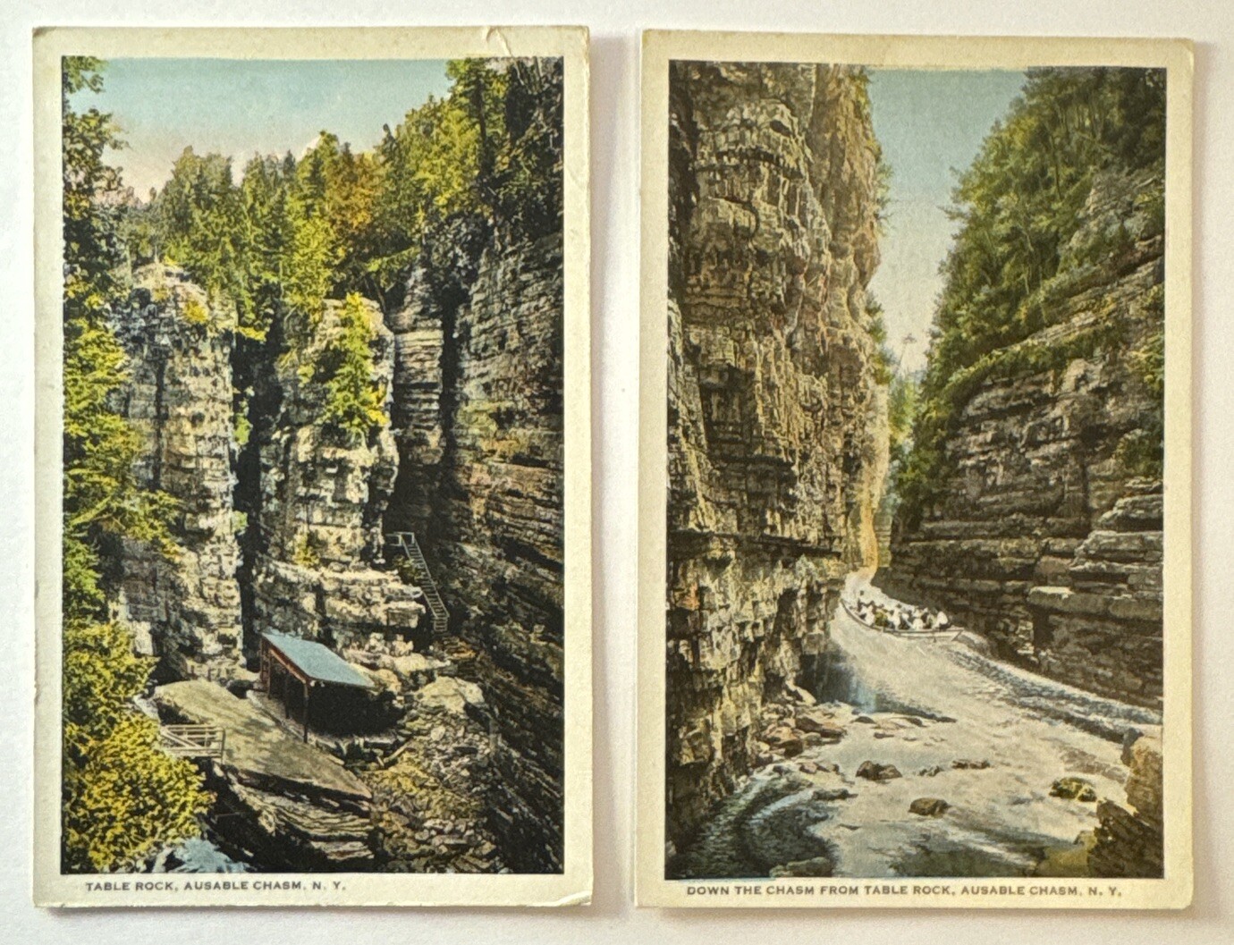 Vintage Postcards x2, Table Rock, People on Boat, Ausable Chasm NY, White Border