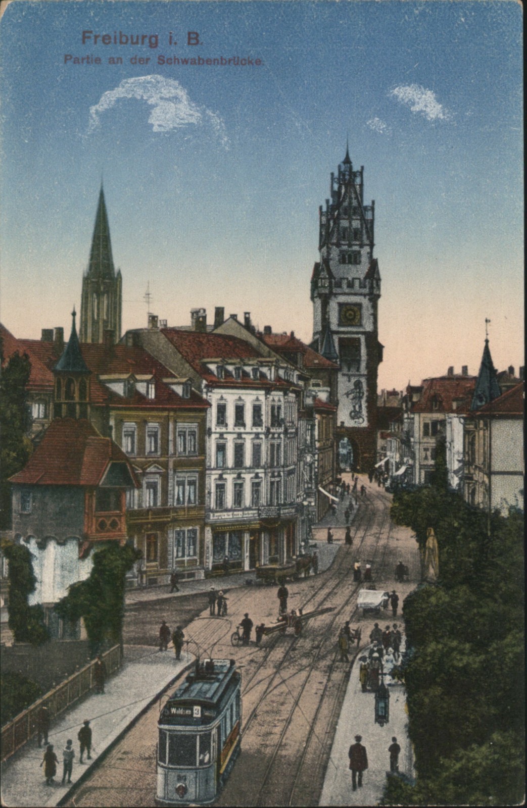Freiburg, Germany i. B. Schwabenbrucke Street Scene & Tram Vintage Postcard