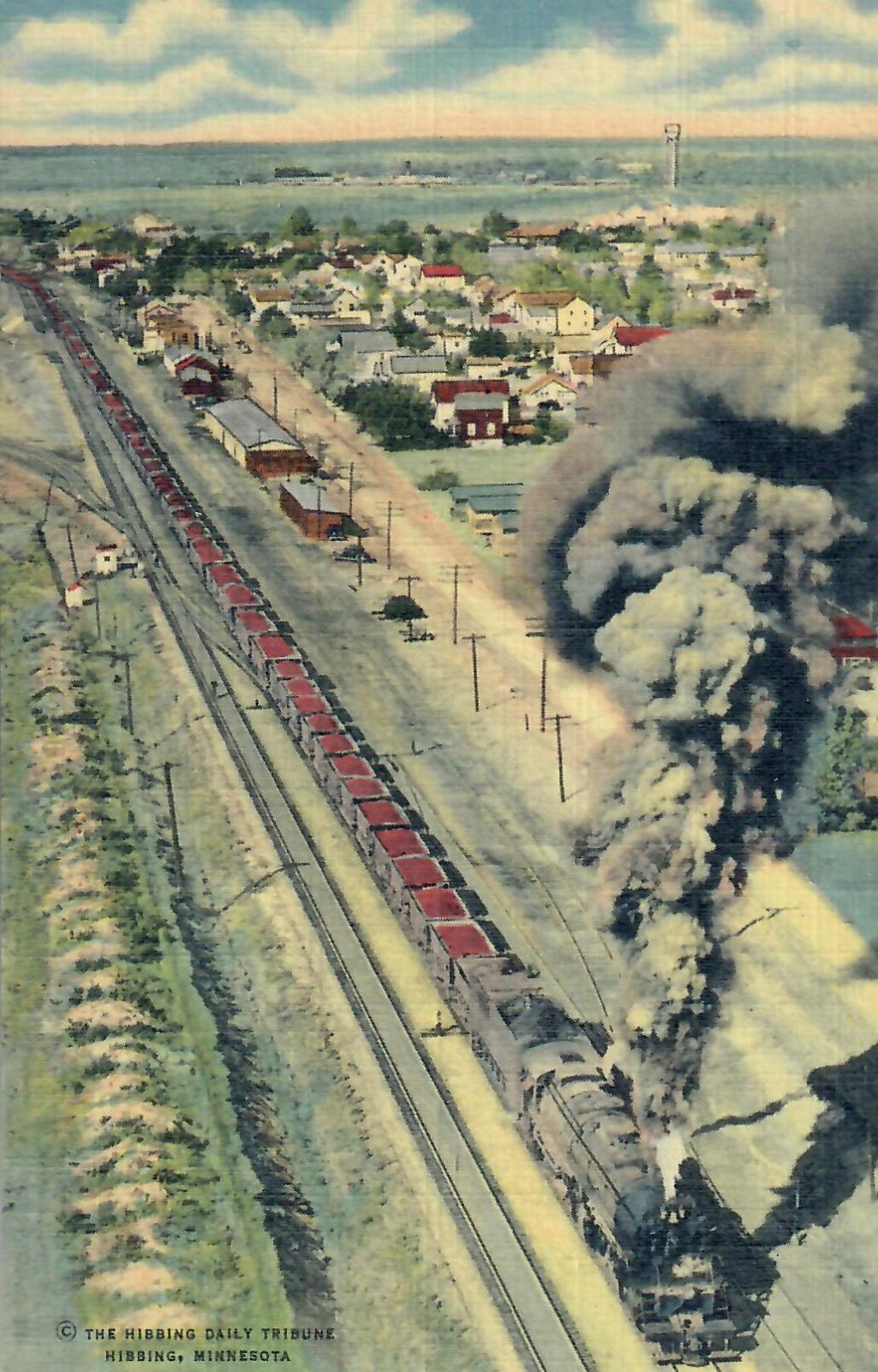 Linen Postcard Aerial View of Steam Iron Ore Train from Hibbing to Duluth MN