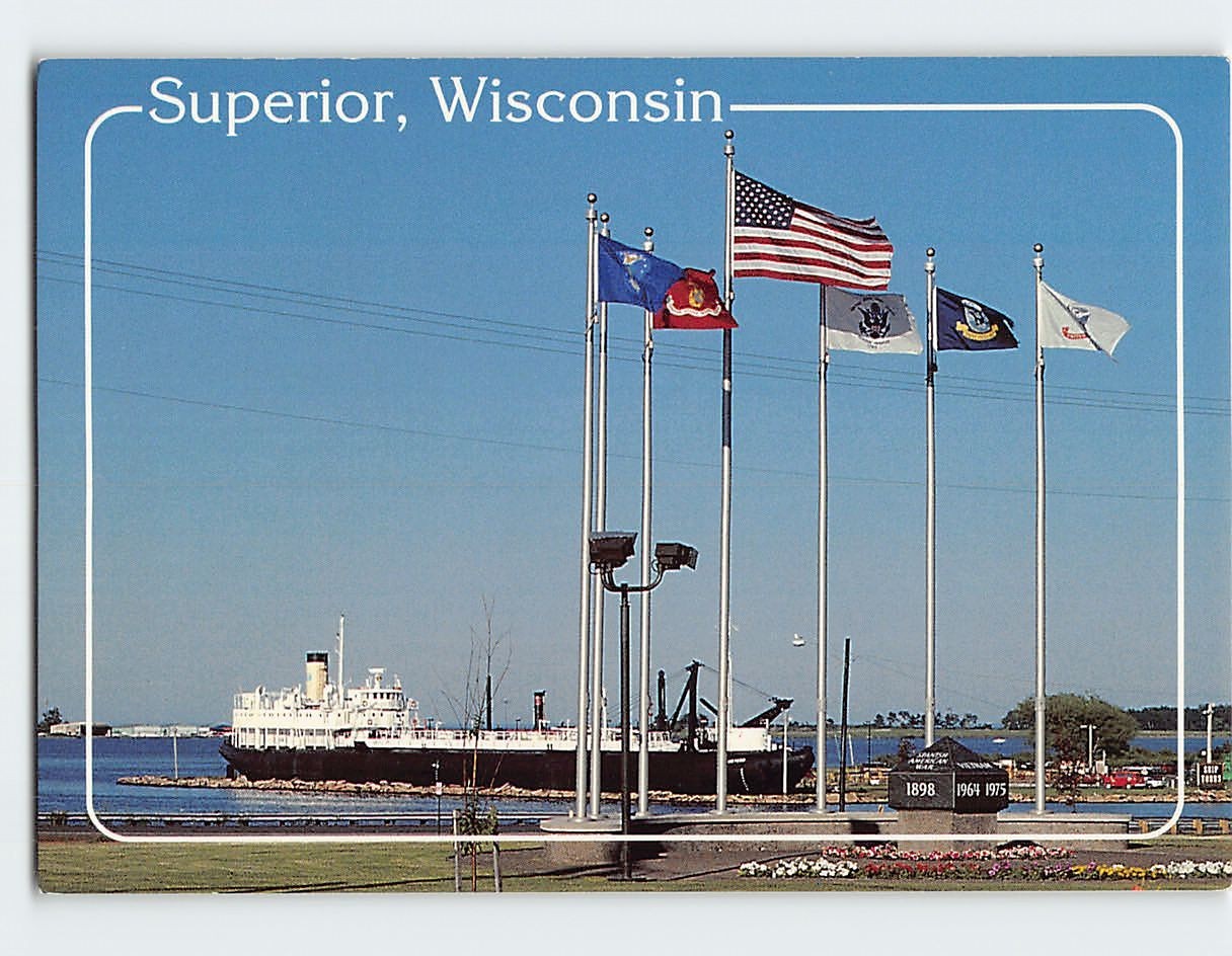 Postcard The flags fly high above the Veterans Memorial in Superior WI USA