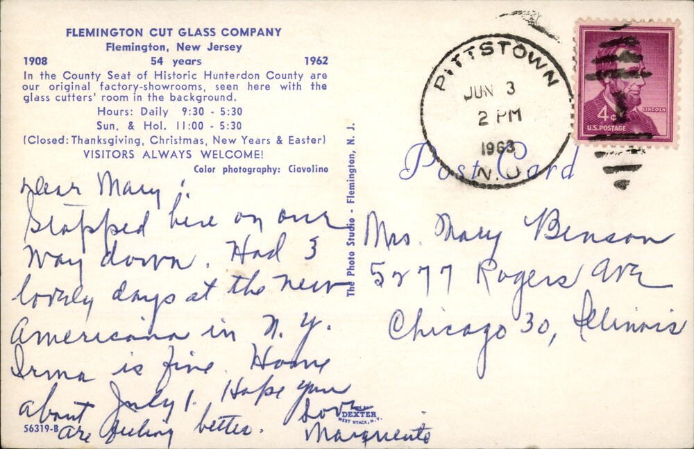 Flemington Cut Glass Company,NJ Hunterdon County New Jersey Postcard