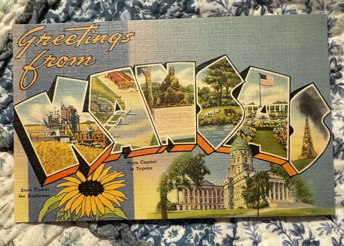 Vintage 1940’s Large Letter Postcard KANSAS Unused