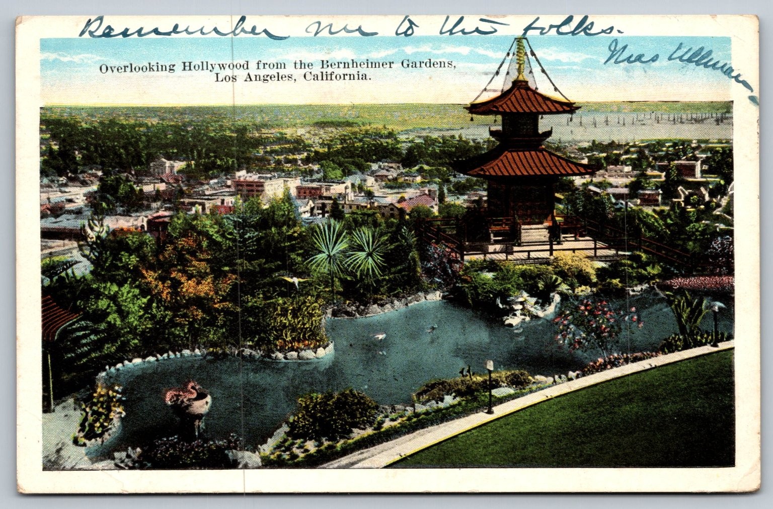 Vintage 1927 Postcard Overlooking Hollywood from Bernheimer Gardens LA