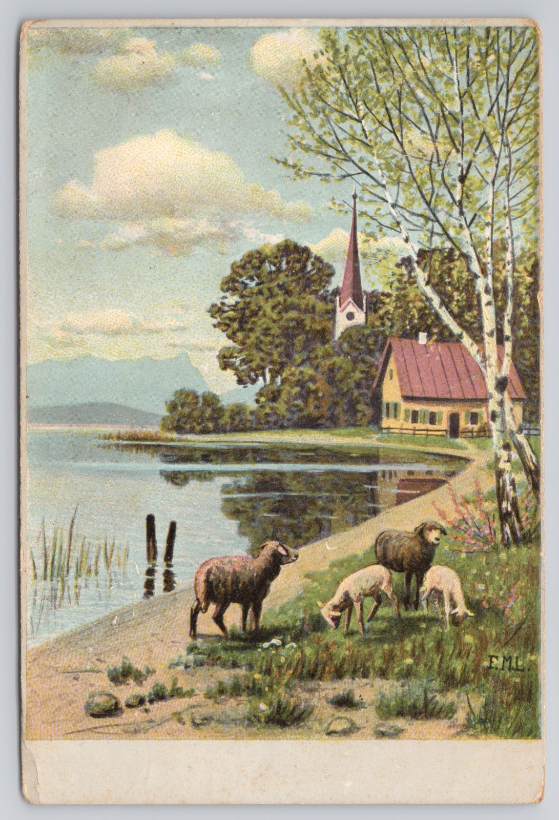 Vintage Postcard Sheep Grazing Lakeside Village Church