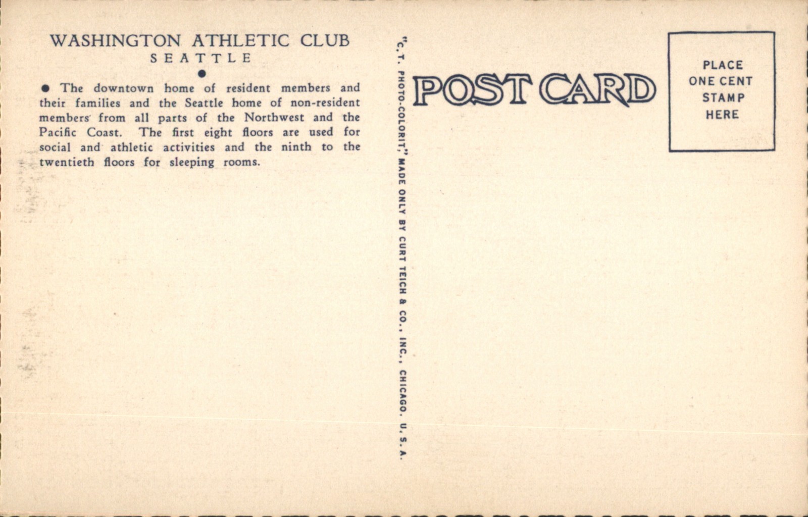 Seattle, Washington WA Athletic Club Teich Original Vintage Postcard