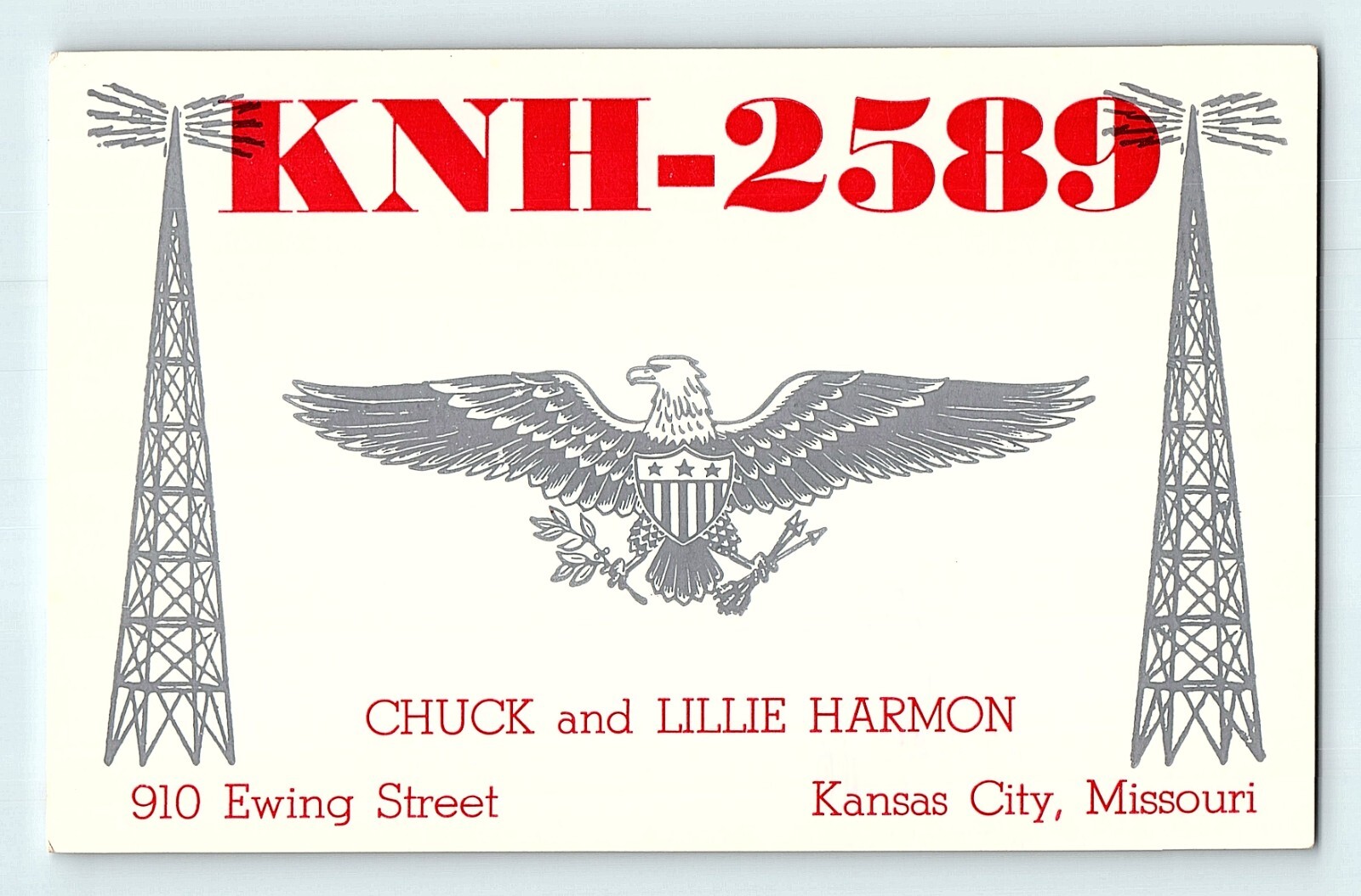 CB Radio QSL Card KNH-2589 Chuck Lillie Harmon Kansas City Missouri Postcard F1