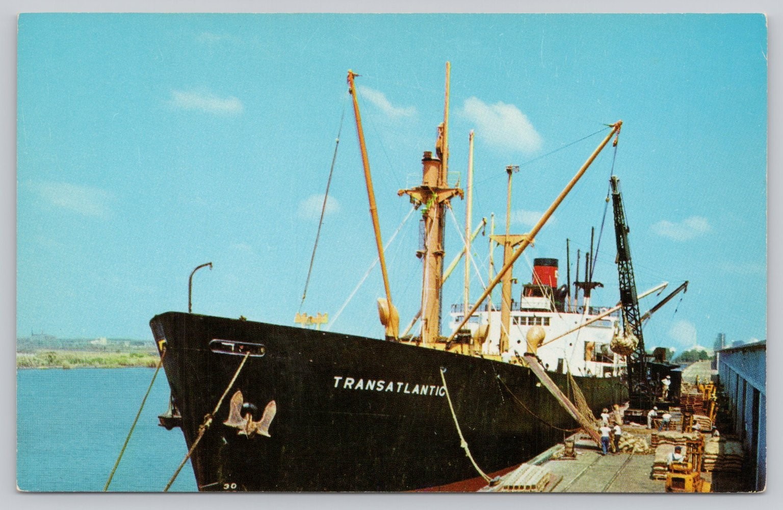 Vintage Dock Scene Port of Lake Charles Louisiana Photochrome Postcard