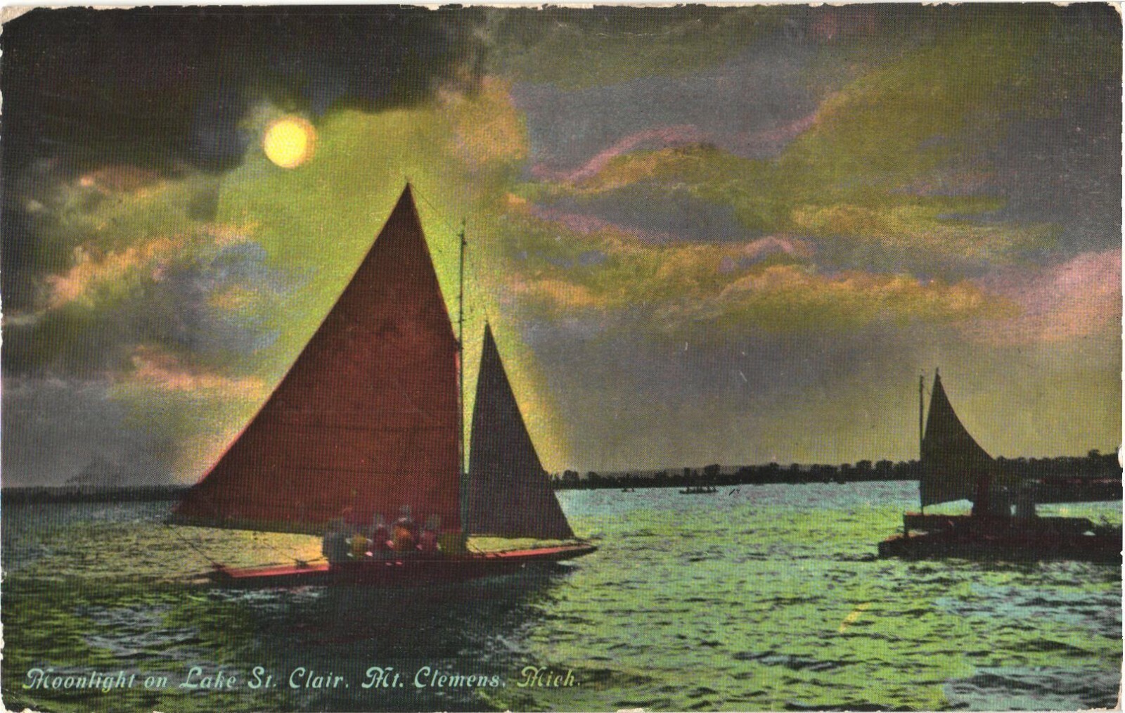Mt Clemens MI Moonlight on Lake St. Clair Sailboats Divided Back Postcard 1913