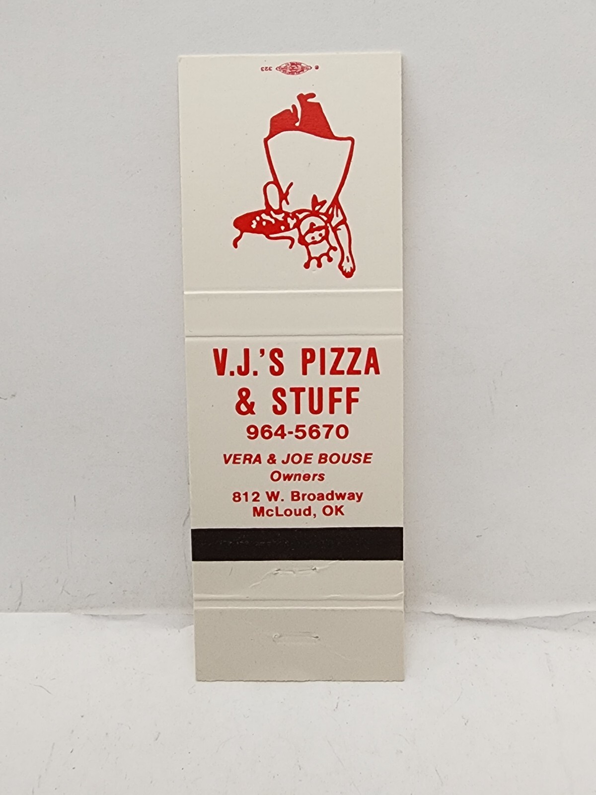 Vintage Matchbook Cover – V.J.’s PIZZA & STUFF Restaurant – McLoud Oklahoma OK