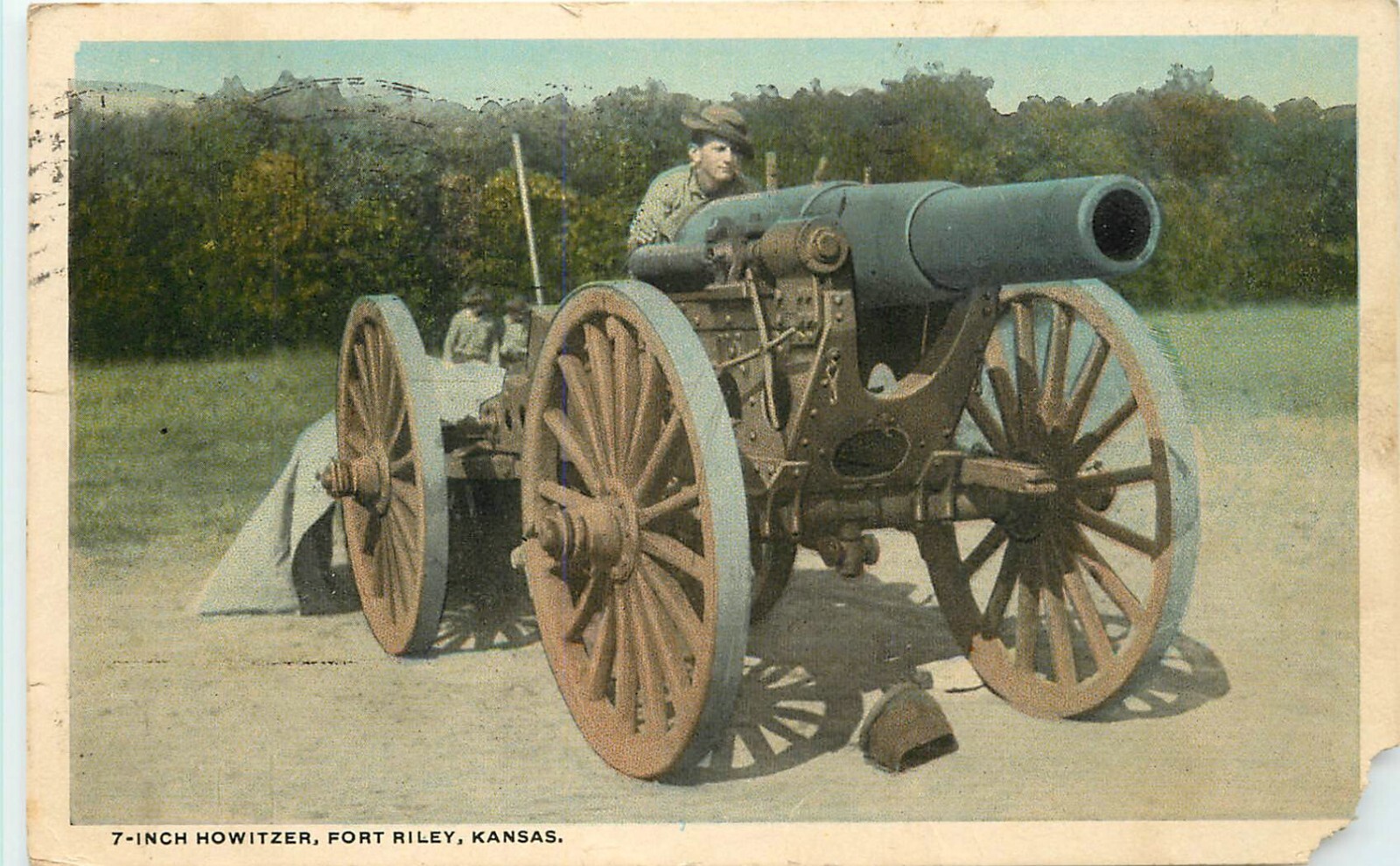 1918 WW1 7 Inch Howitzer Cannon, Fort Riley, Kansas Postcard