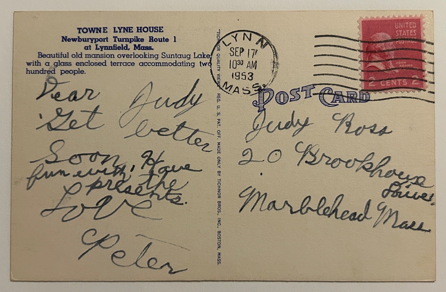 Towne Lyne House Lynnfield, Mass. Vintage Linen Postcard