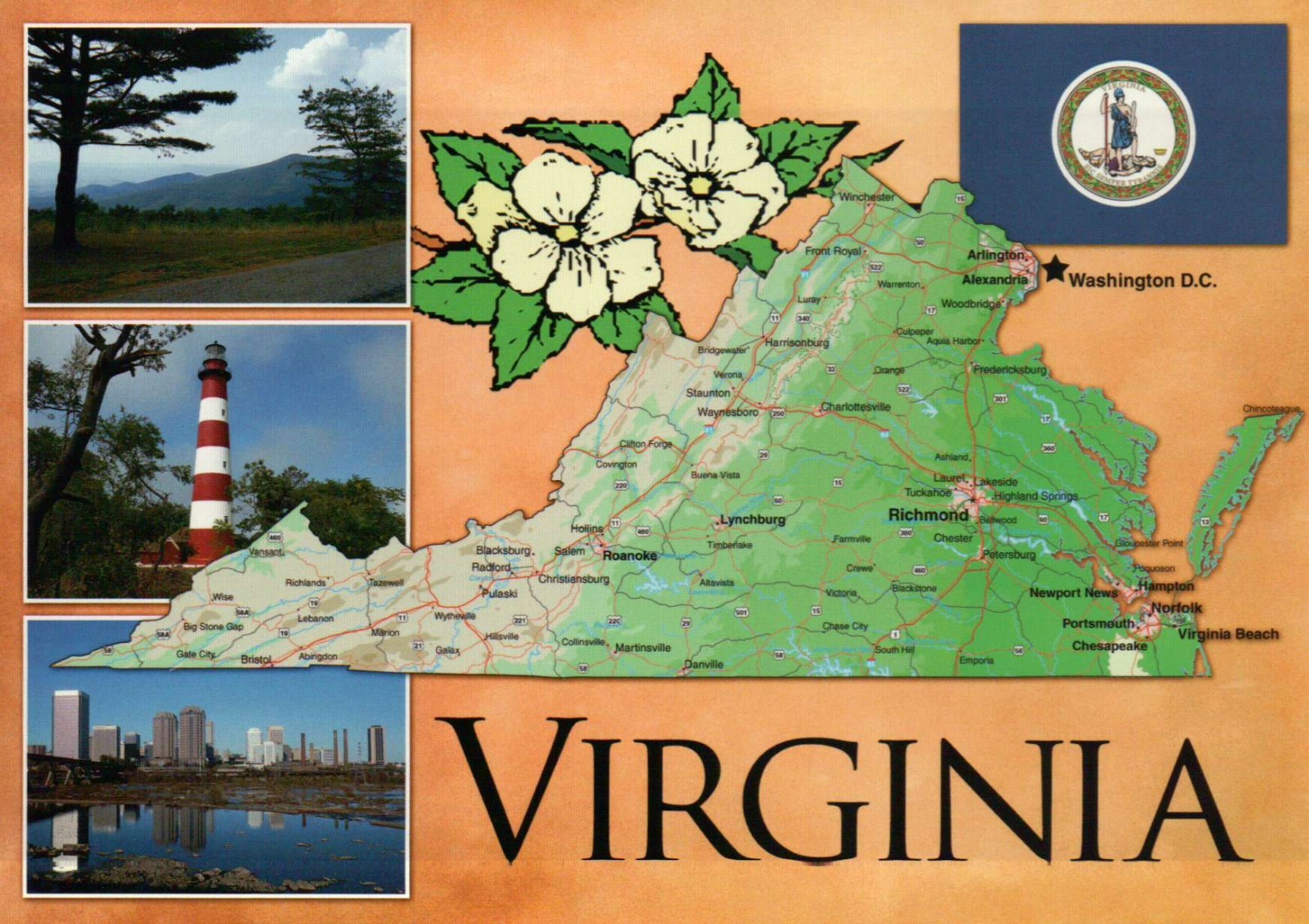 State Map of Virginia, Norfolk, Alexandria, Richmond, Lighthouse etc. – Postcard