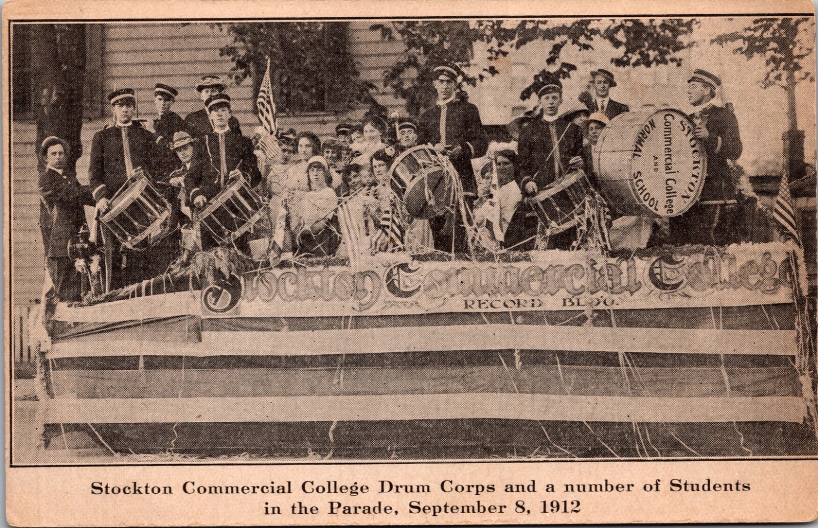 Stockton Commercial College Drum Corps and Students in Parade September 8, 1912