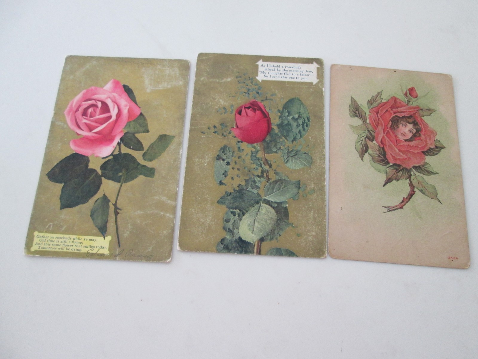 3 c1909 Postcards: Roses, 2 w/Sayings & Gold Background; 1 No 2424, Face in Rose