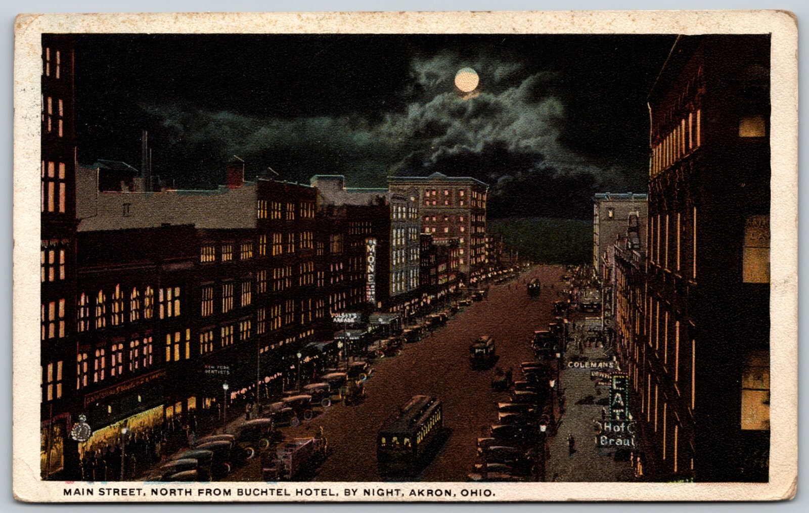 1919 Main Street Night View Near Buchtel Hotel Akron Ohio ANTIQUE Postcard