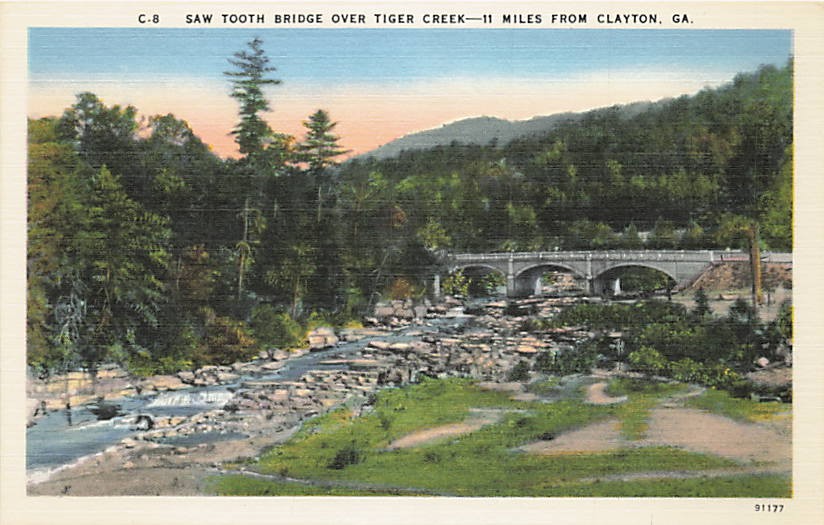 Postcard GA: Saw Tooth Bridge Over Tiger Creek, Clayton, Georgia Linen 1940’s