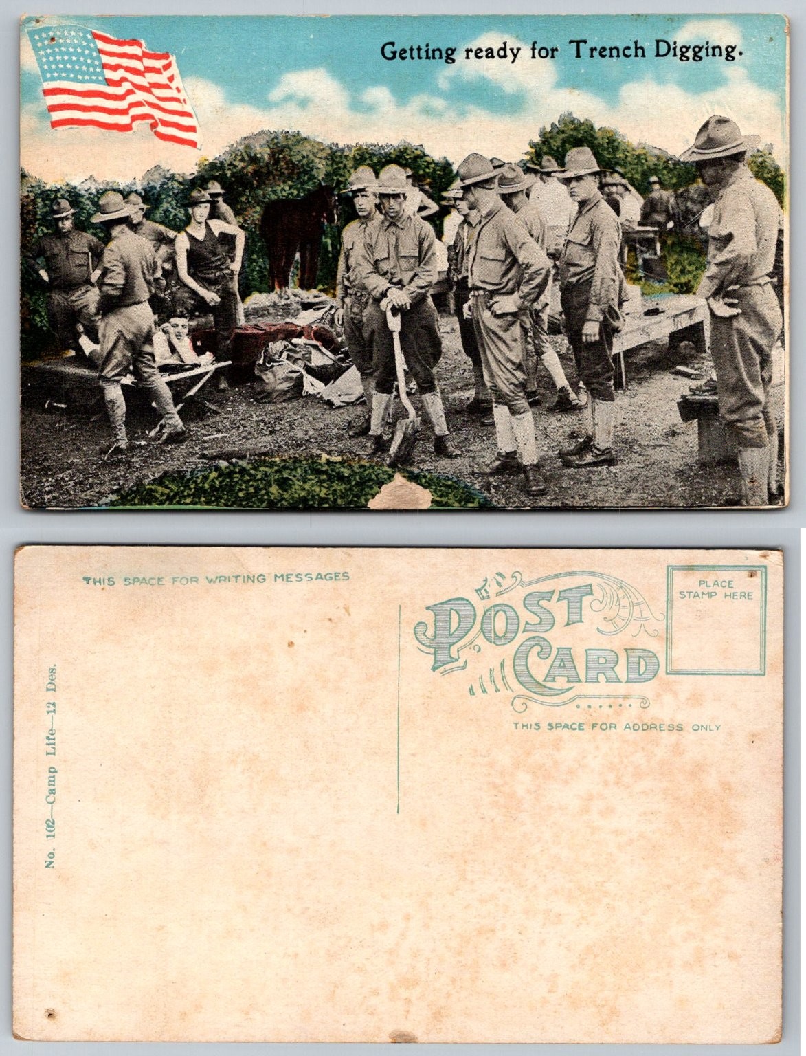 WWI Era “Getting Ready for Trench Digging” Camp Life Military Postcard