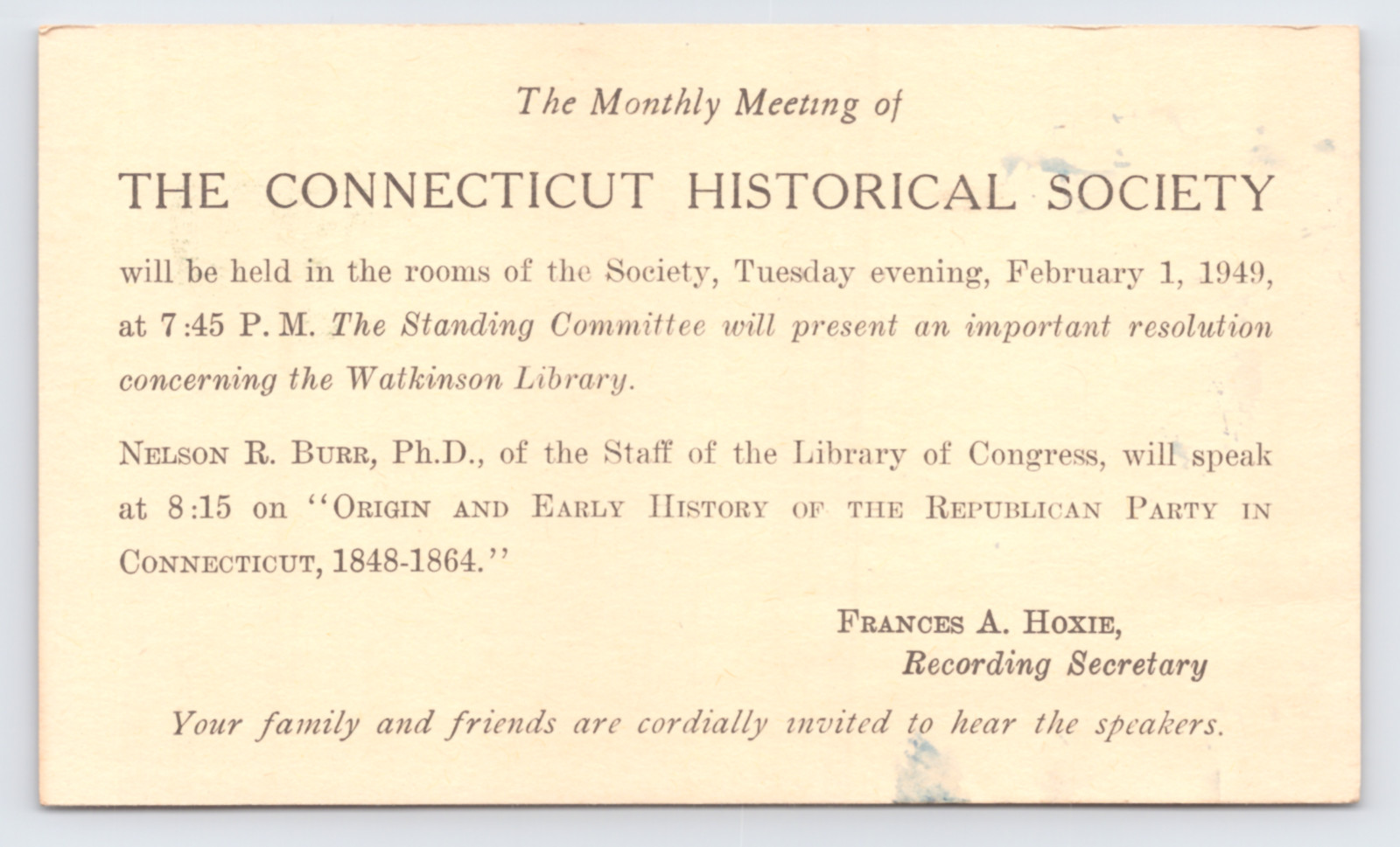 1949 CT Historical Society Postal Card Hartford Meeting Republican History