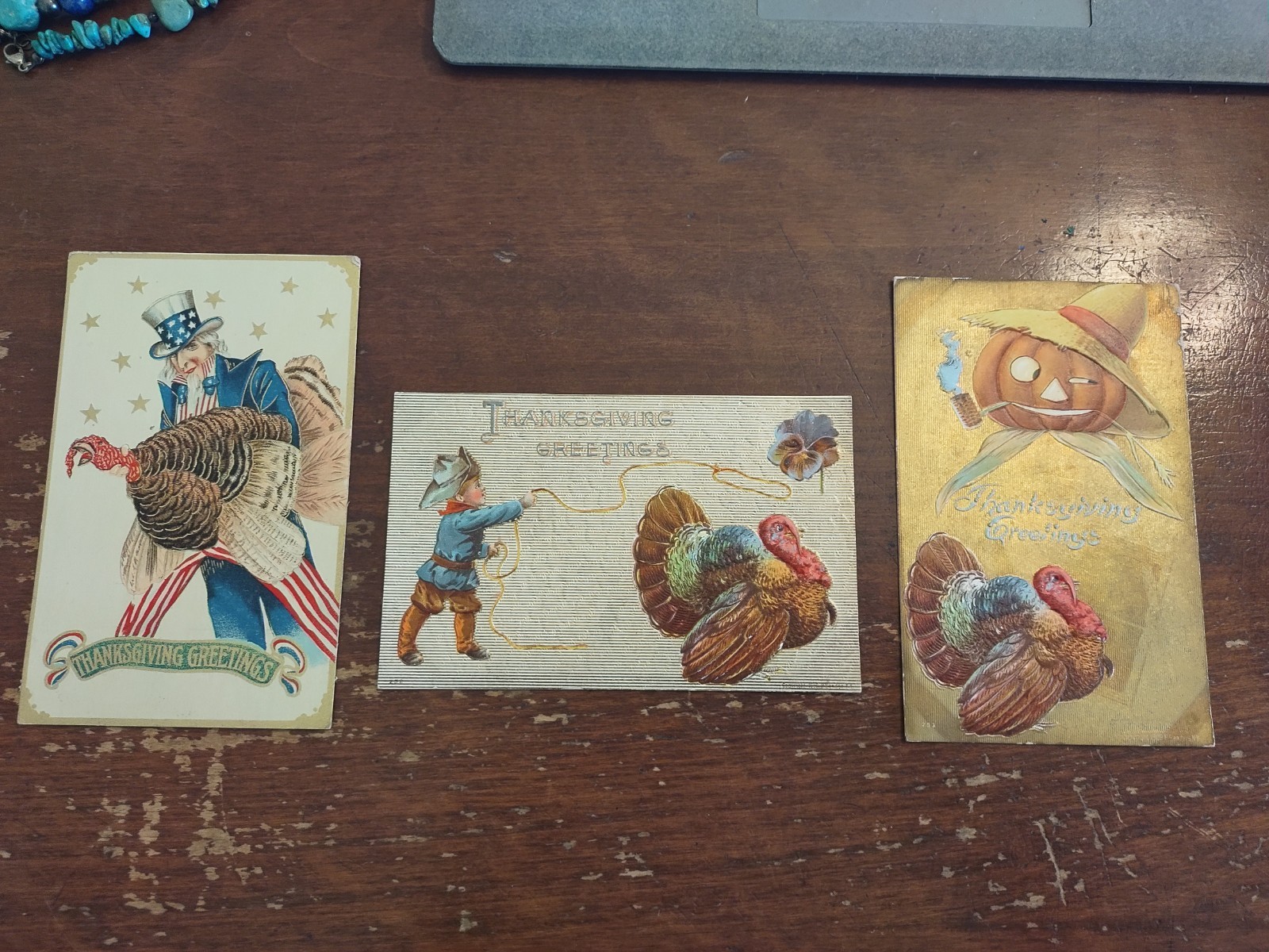Set of 3 Thanksgiving Themed Postcards, 1909, assorted stamps, see pics, VGC