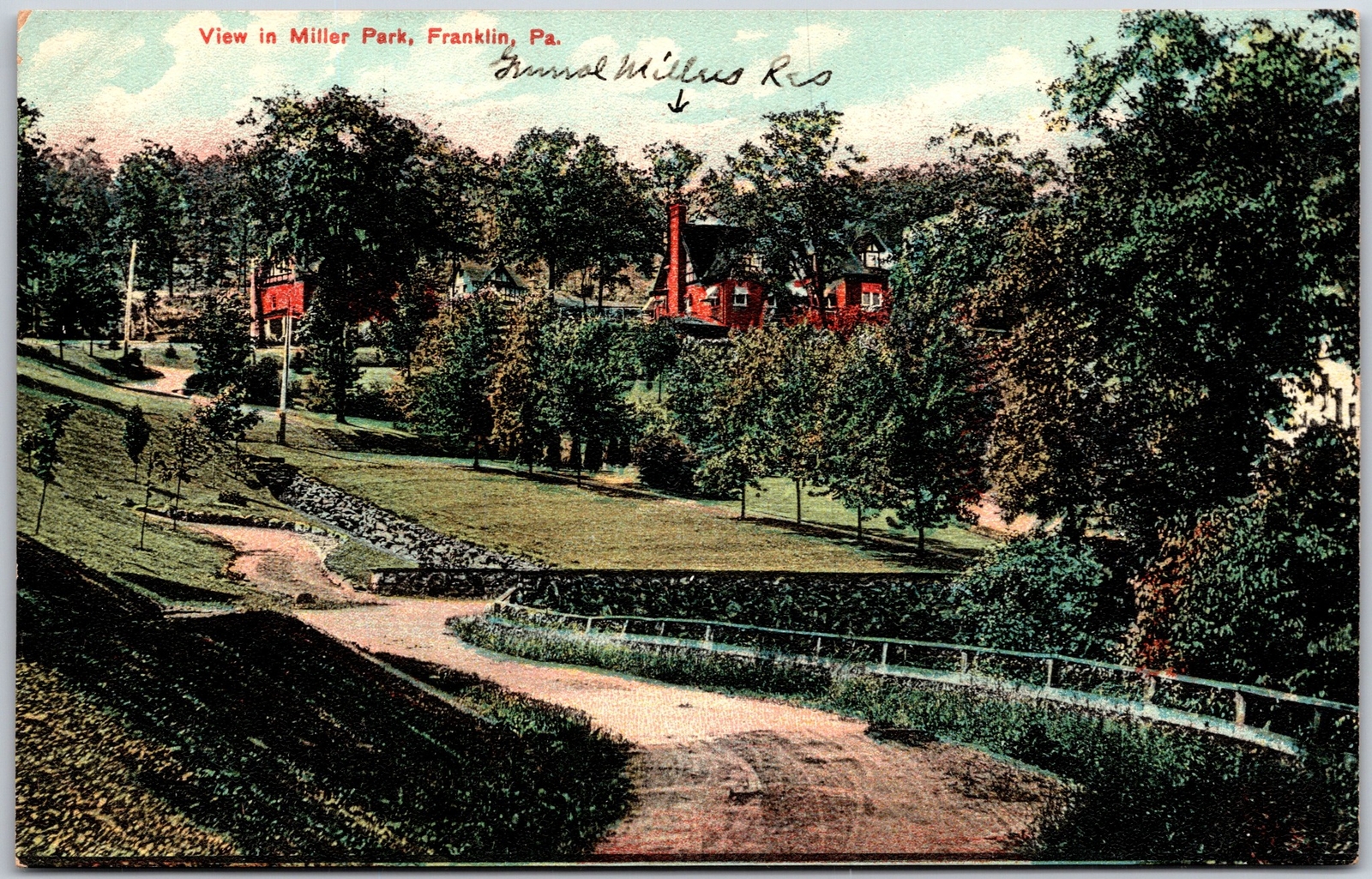 Franklin Pennsylvania PA, View in Miller Park, Pathway, Trees, Field, Postcard