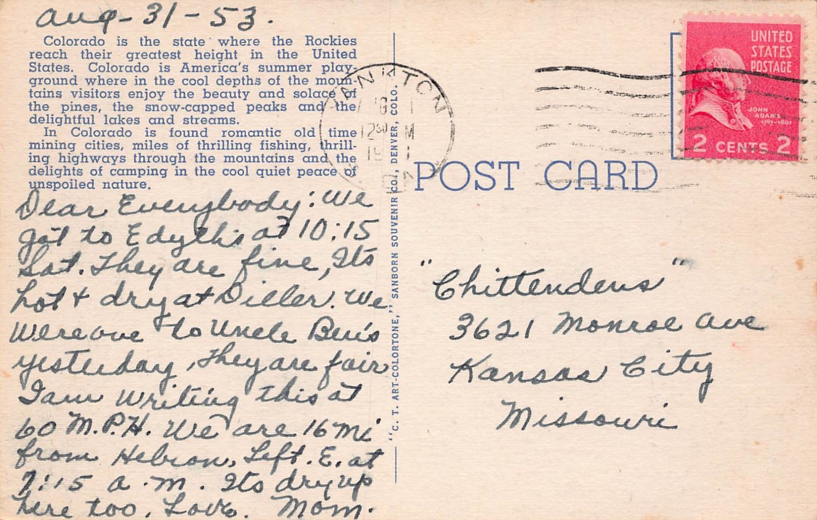 1953 Colorado CO Greetings Message From Large Letter 2038 Linen Postcard