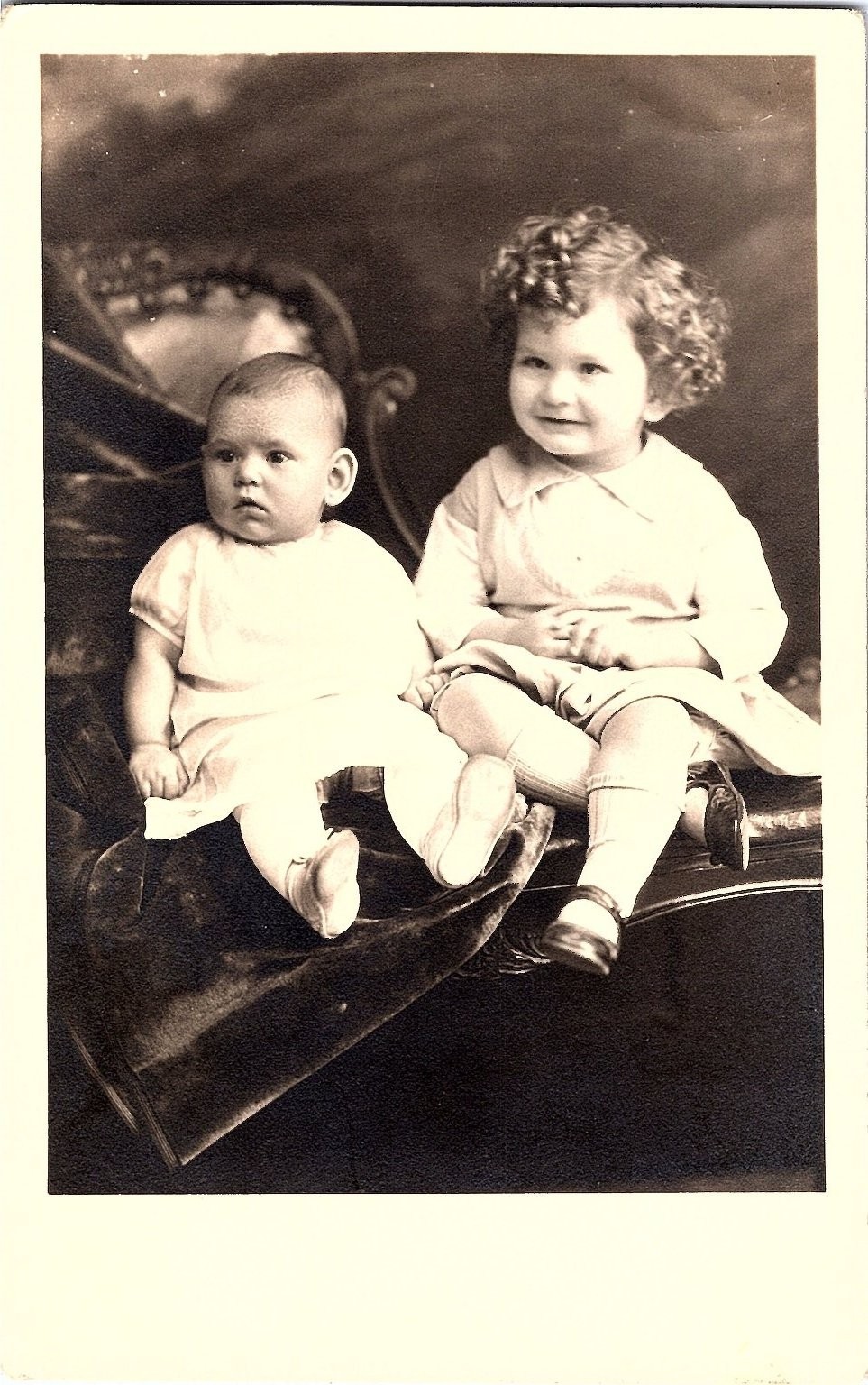RPPC Postcard Two Siblings Sitting on Velvet Chair Ages 2.5 & 4 1926