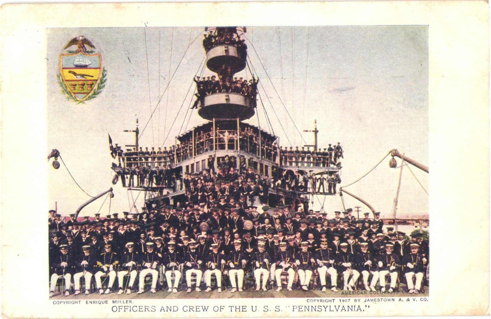 USS Pennsylvania Crew Jamestown Exposition US Navy Divided Back Postcard 1907 VA