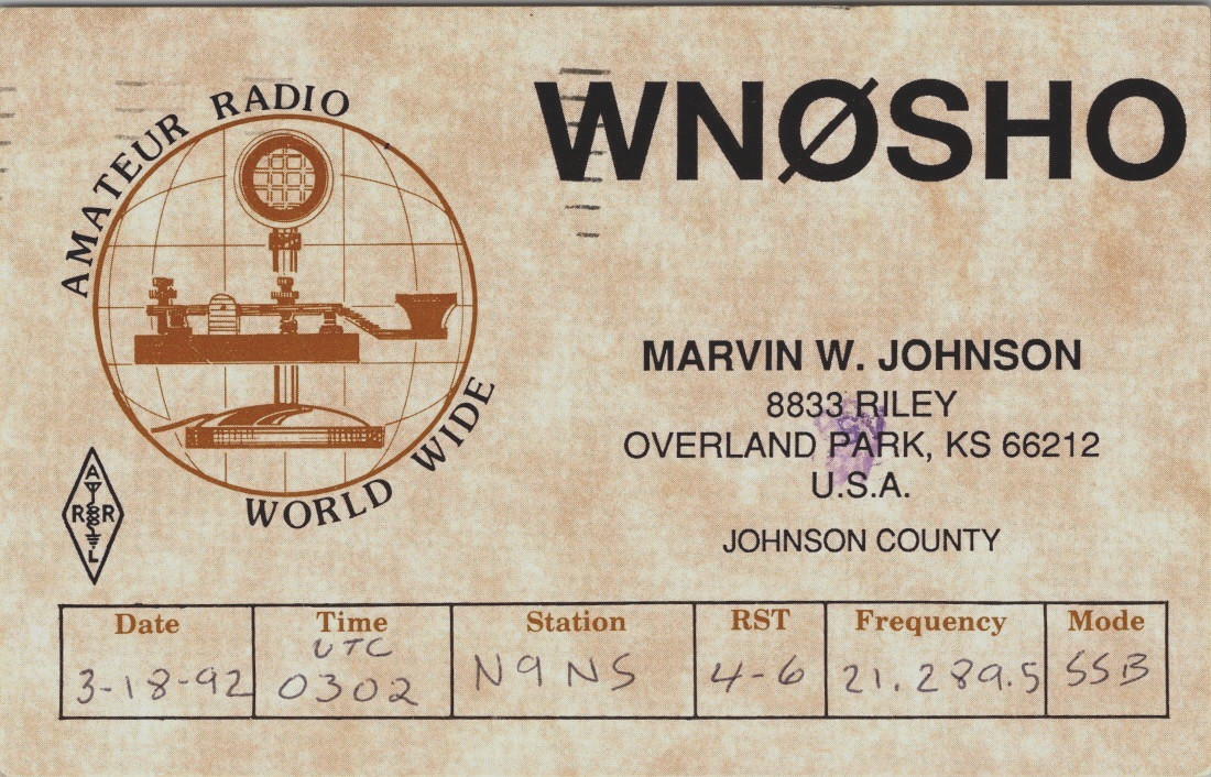 WNOSHO Amateur Ham Radio, QSL Overland Park Kansas 1992 Postcard