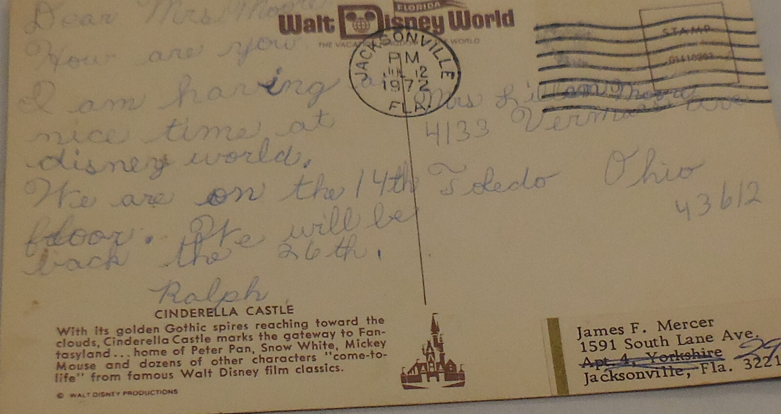 1972 Postmarked Walt Disney World Florida Cinderella Castle Postcard VTG