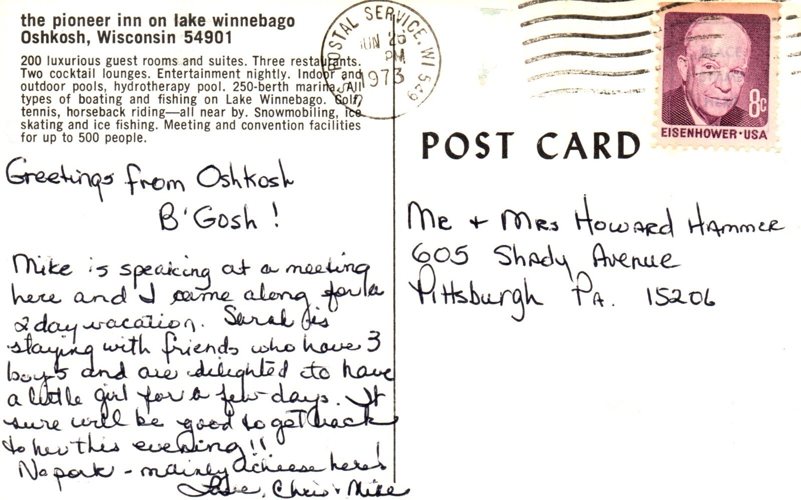 Postcard the Pioneer Inn on lake Winnebago, Oshkosh, Wisconsin