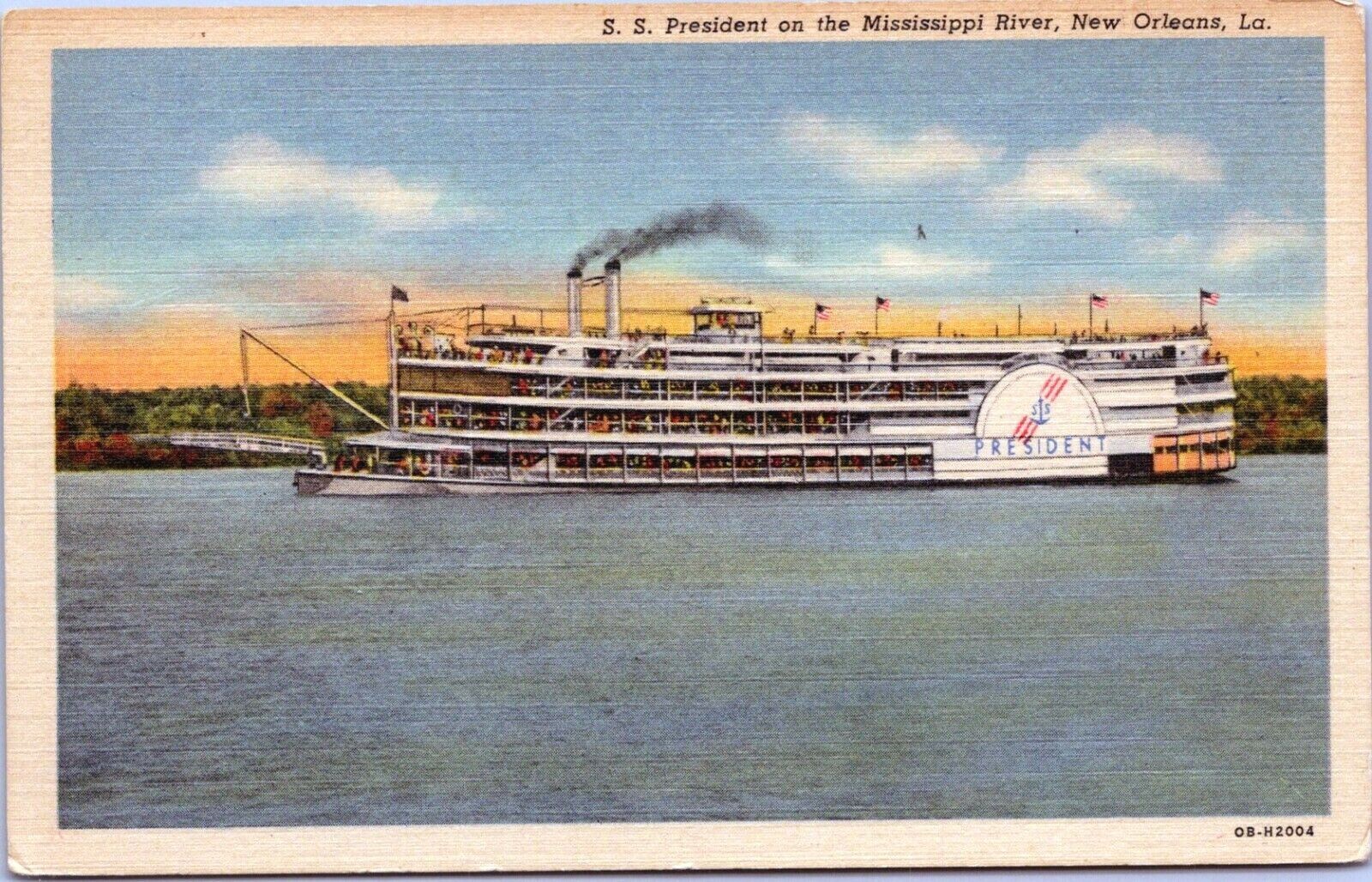 Postcard Ship SS President New Orleans Louisiana LA Mississippi River View Linen