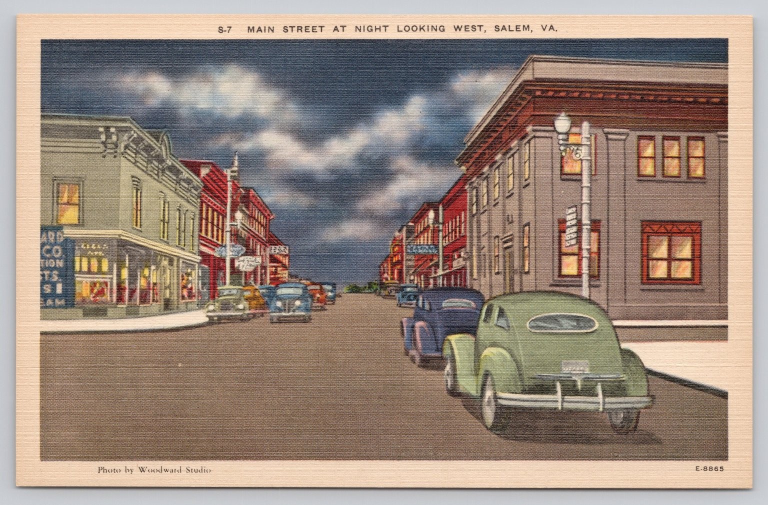 Salem VA Main Street Night View Linen Postcard 1930s Vintage Cars