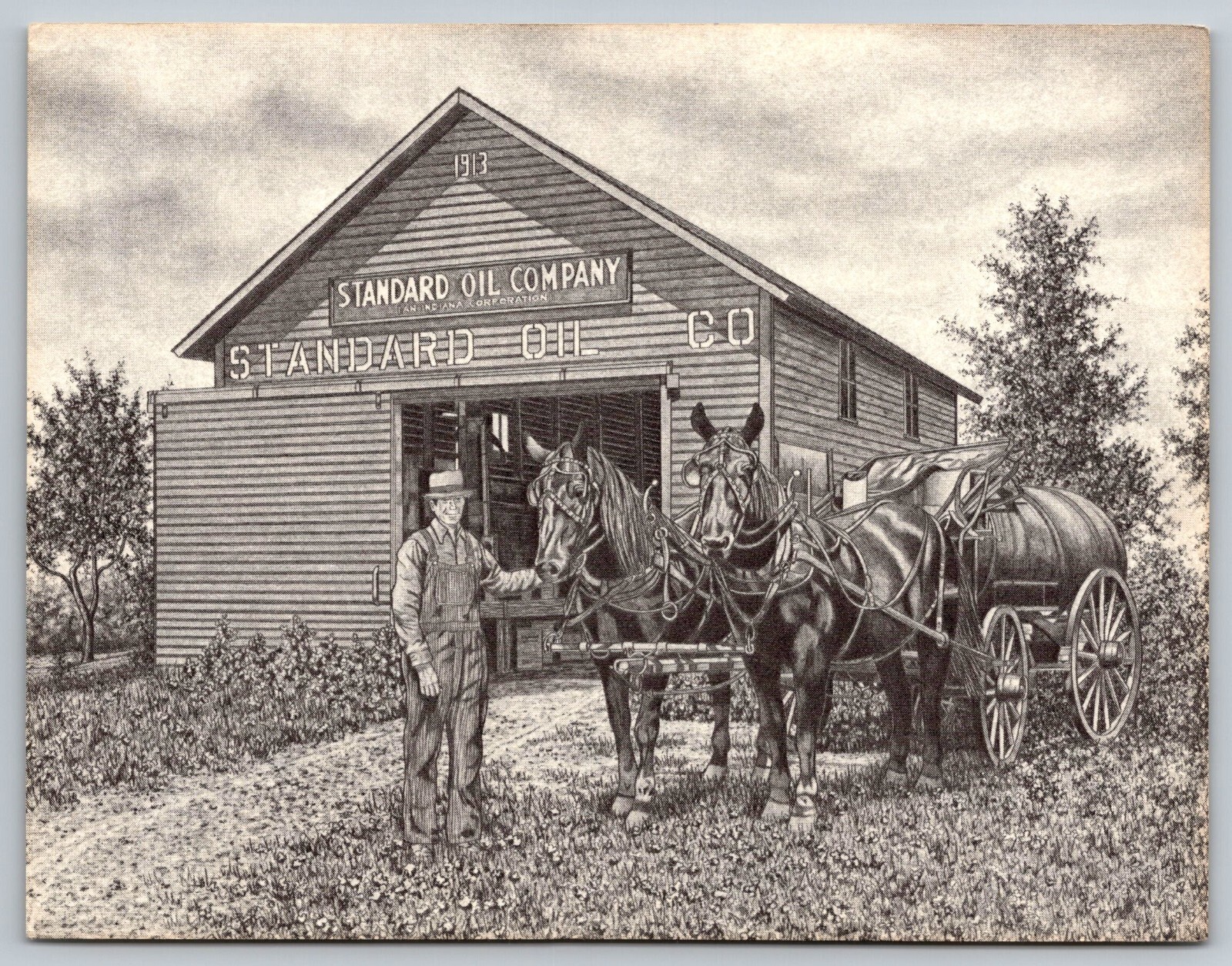 Postcard Horse Drawn Standard Oil Wagon Barn by Pencil Artist Randy Rolffs A41