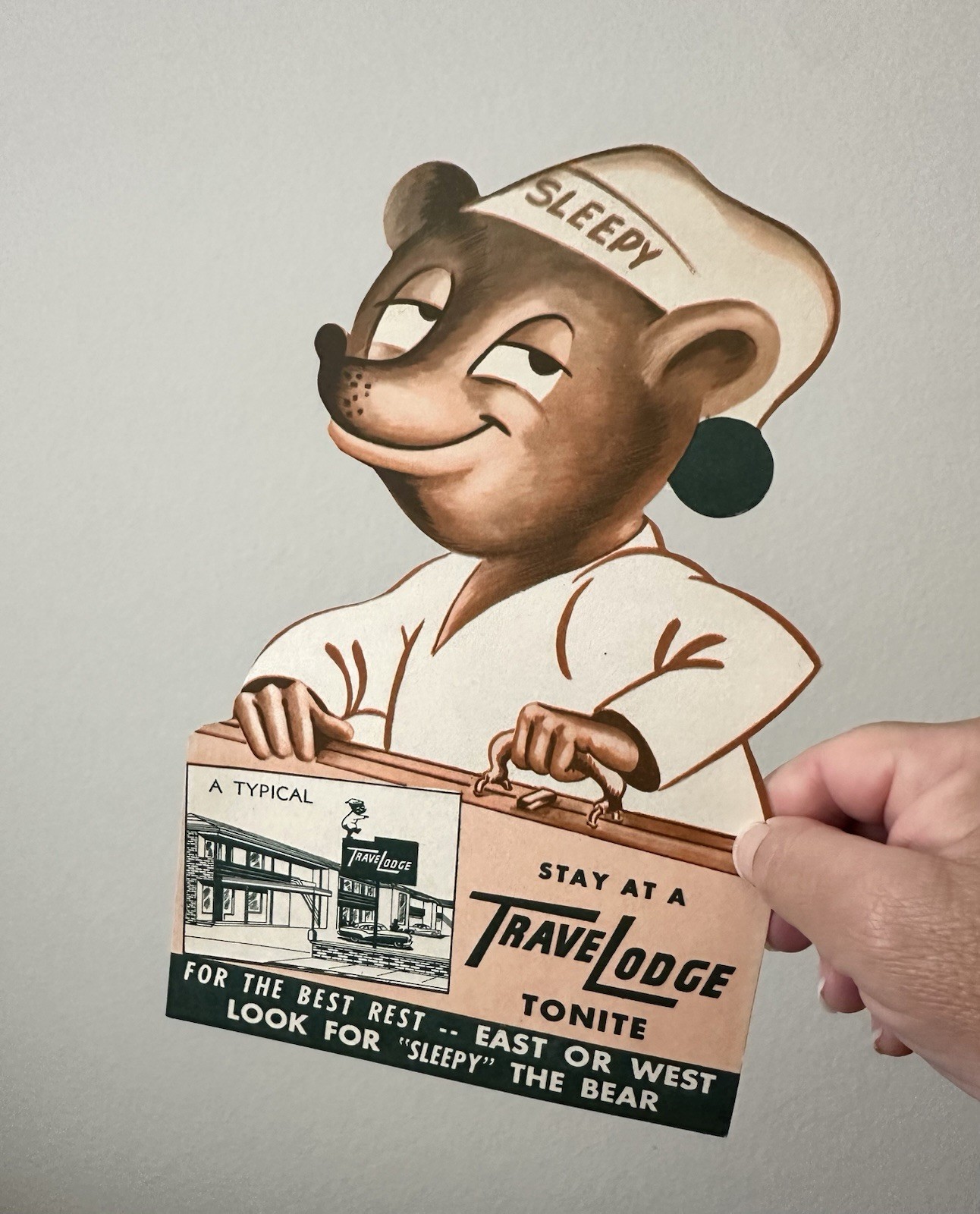 Vintage Travelodge “Sleepy Bear” Die Cut Mailer Card Motel Advertising MCM Rare