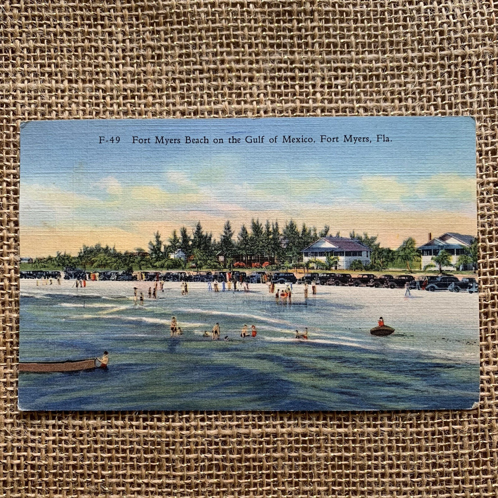 Fort Myers Beach Gulf Of Mexico Florida FL Swimming Cars Huts Unposted Postcard
