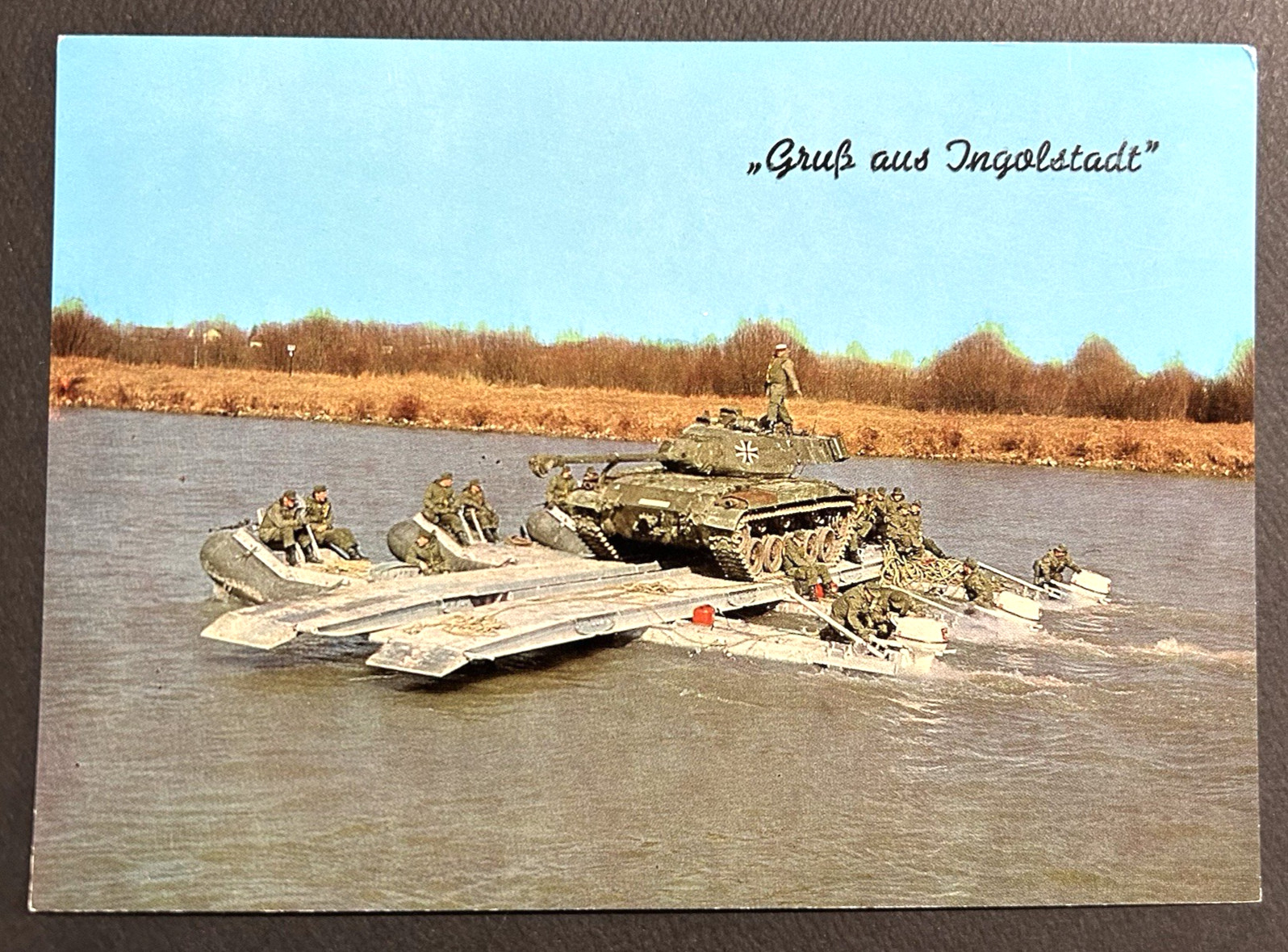 Gruß aus Ingolstadt Military Postcard Vtg Germany Panzer Tank on Inflatable Boat