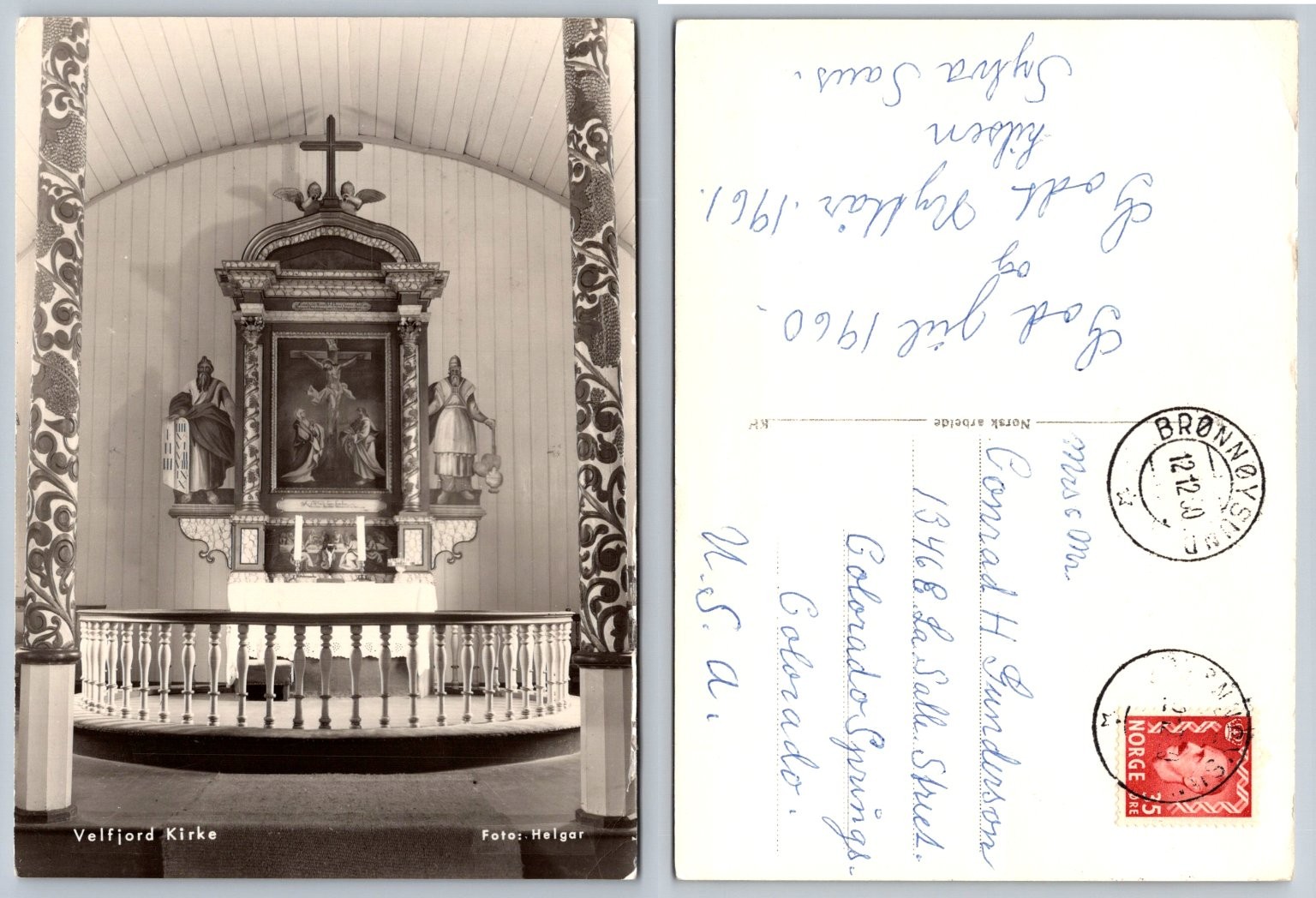 Velfjord Kirke Norway Altar RPPC Postcard 1960 Brønnøy Church Interior