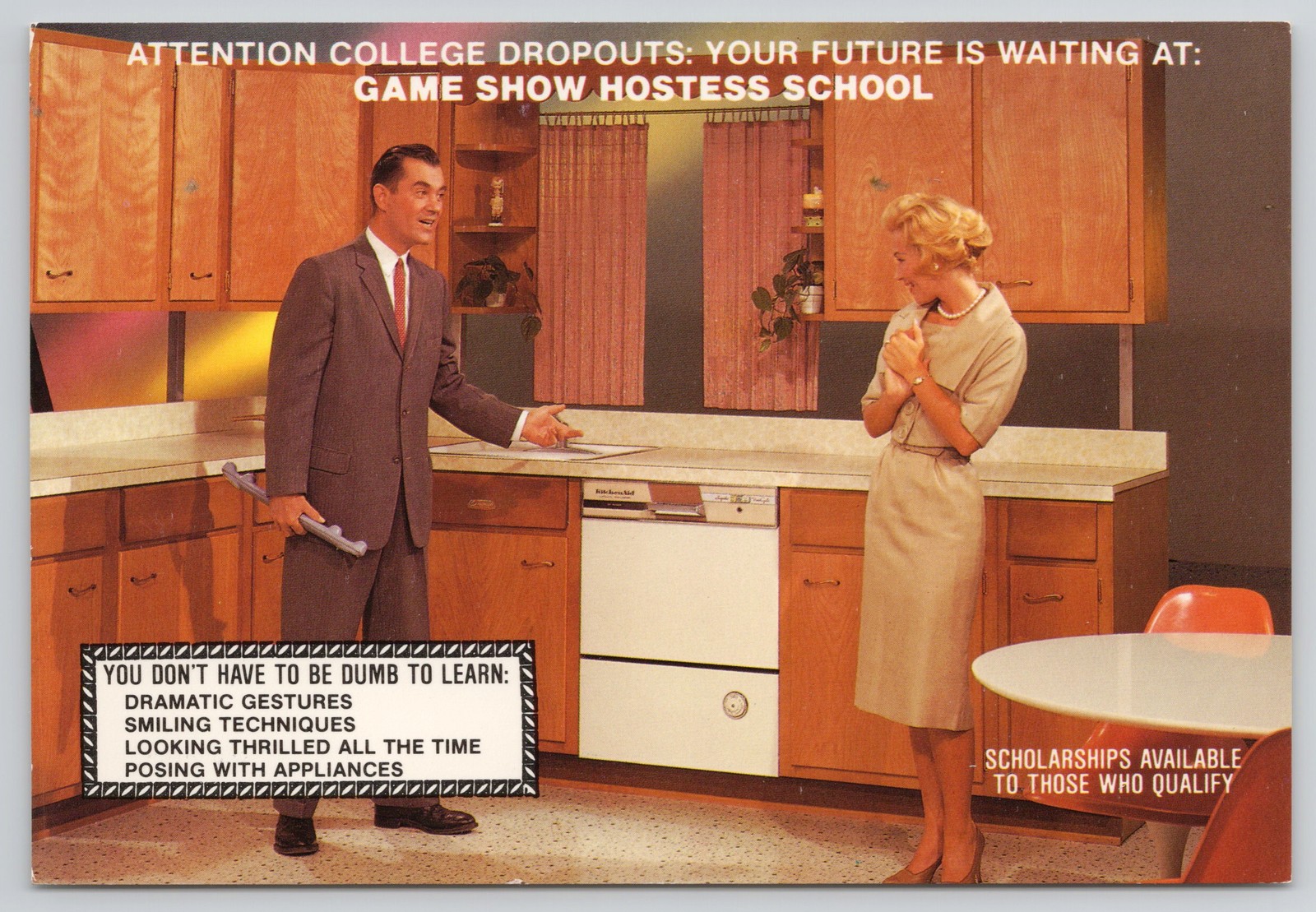 College Dropouts Game Show Hostess School Humor Kitchen Education MCM Postcard