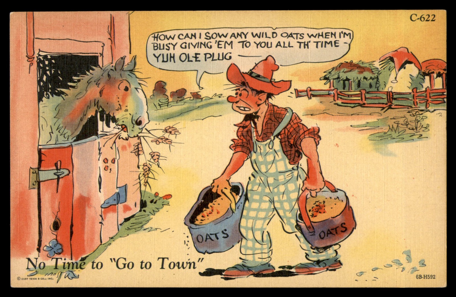 Postcard No Time to Go to Town – Sewing Oats, Comic Humor