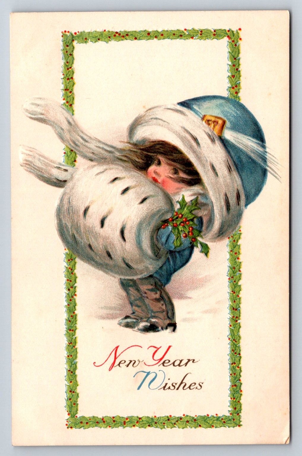 New Year Wishes Child Winter Fur Coat Holly Embossed Postcard Gottschalk