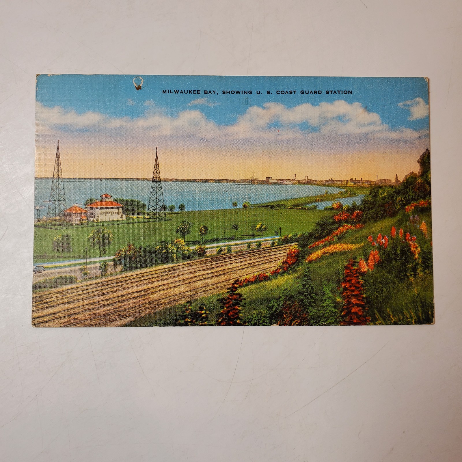 US Coast Guard Station Postcard Wisconsin Milwaukee Bay Linen Railroad Tracks